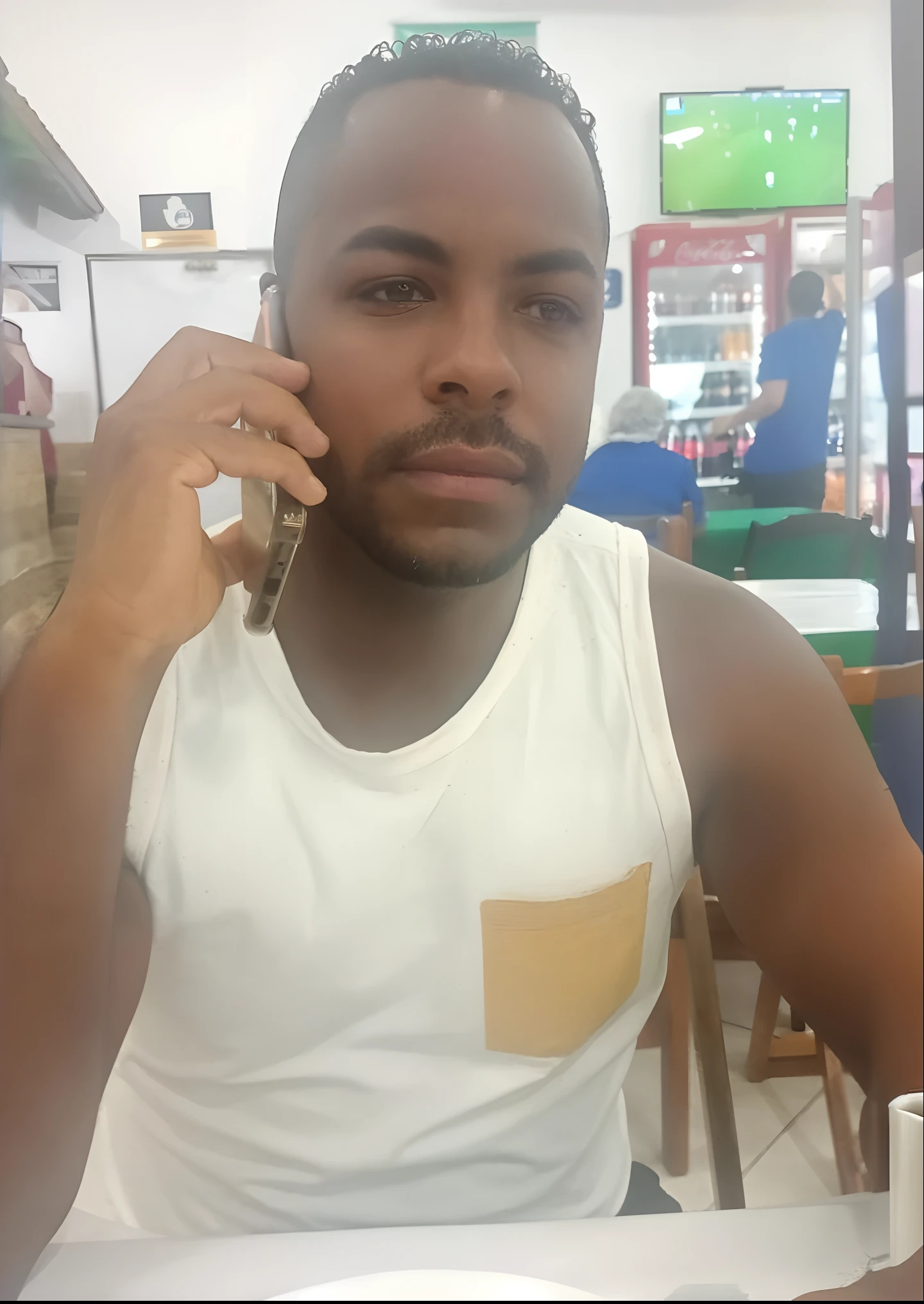 there is a man sitting at a table talking on a cell phone, david rios ferreira, handsome man, icaro carvalho, by Nándor Katona, inspired by Antônio Parreiras, by Herbert MacNair, by Willian Murai, by Rodolfo Amoedo, caio santos