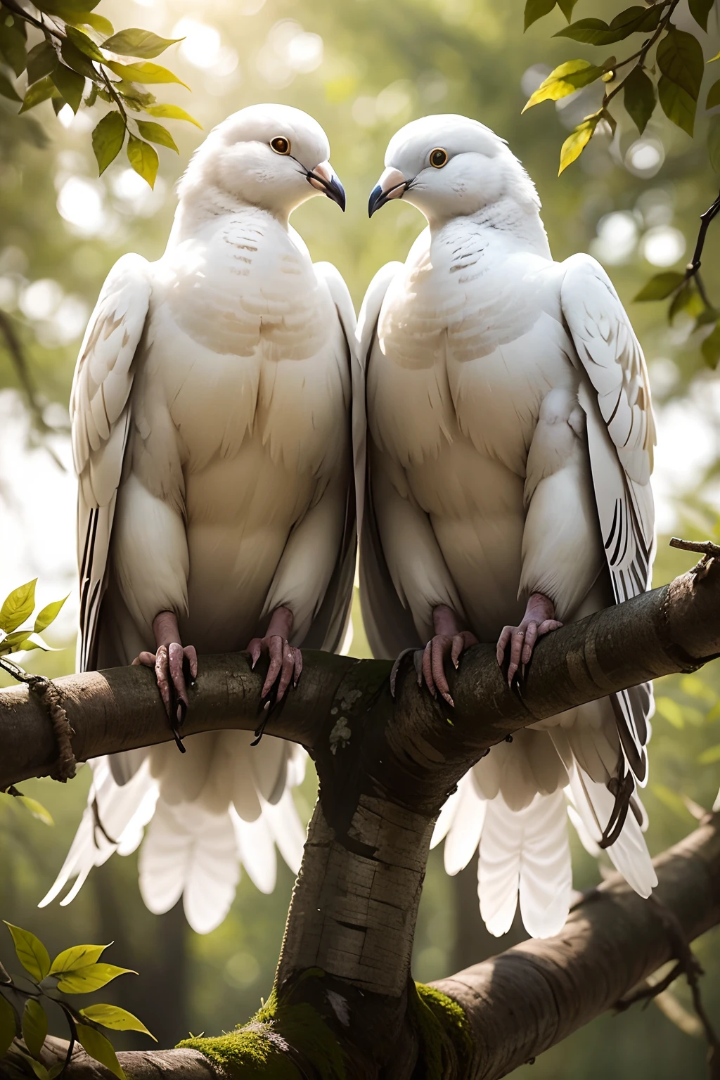 National Geographic, two white doves sitting on a tree branch, in the forest with sunlight shining on them, in the style of reimagined religious art, dramatic poses, associated press photo, realistic yet romantic