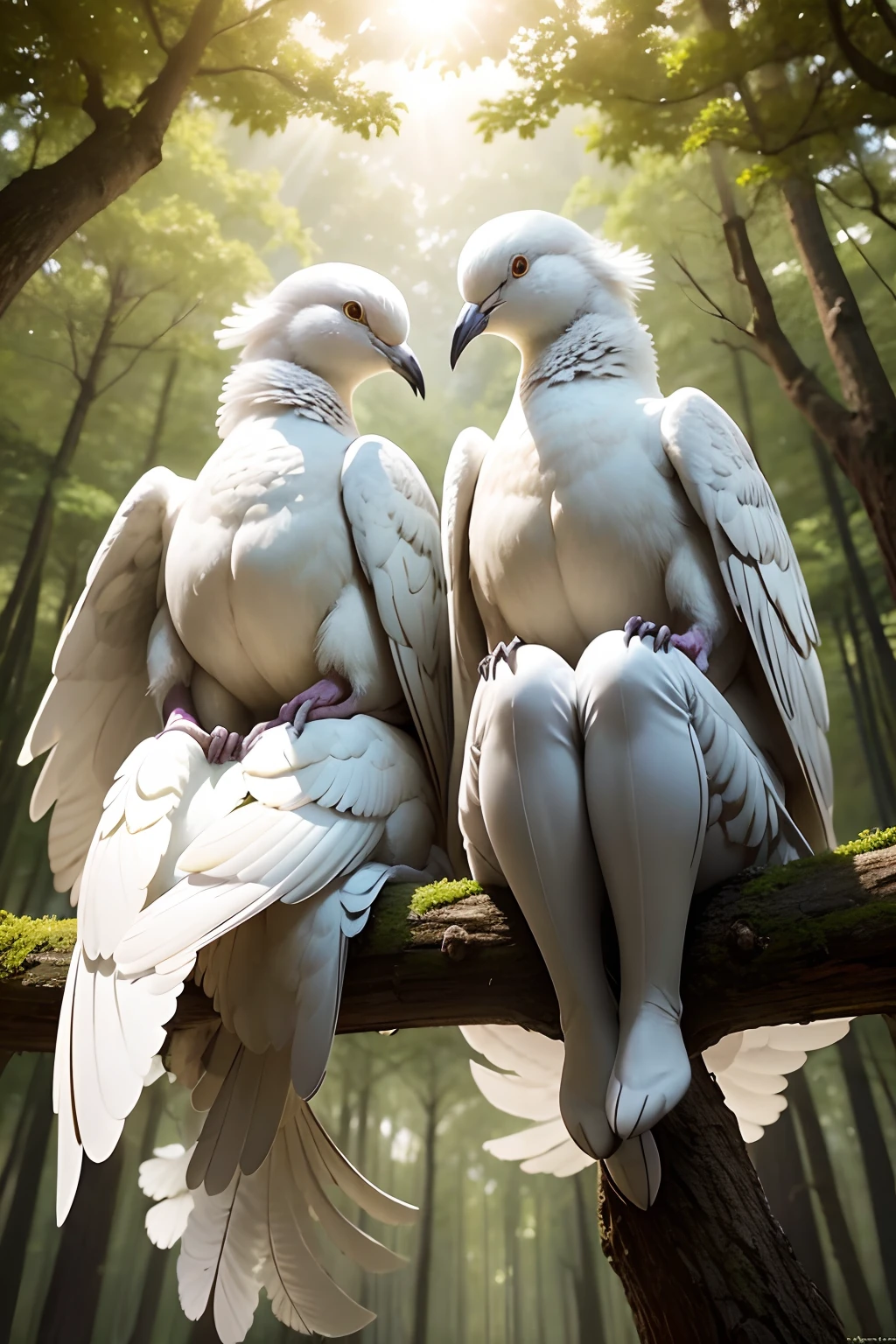 National Geographic, two white doves with human legs, sitting on a tree branch, in the forest with sunlight shining on them, in the style of reimagined religious art, dramatic poses, associated press photo, realistic yet romantic