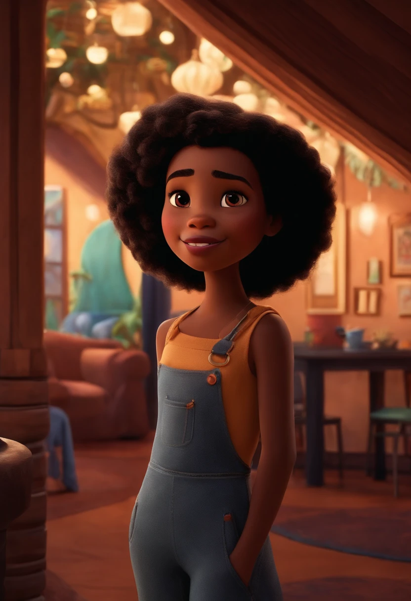 Um filme inspirado na Disney Pixar ( NEGRA JOVEM COM CABELO LONGO CACHEADO PRETO) dentro A cena estar na arte distinta do estilo PIXAR, descolada e estilosa