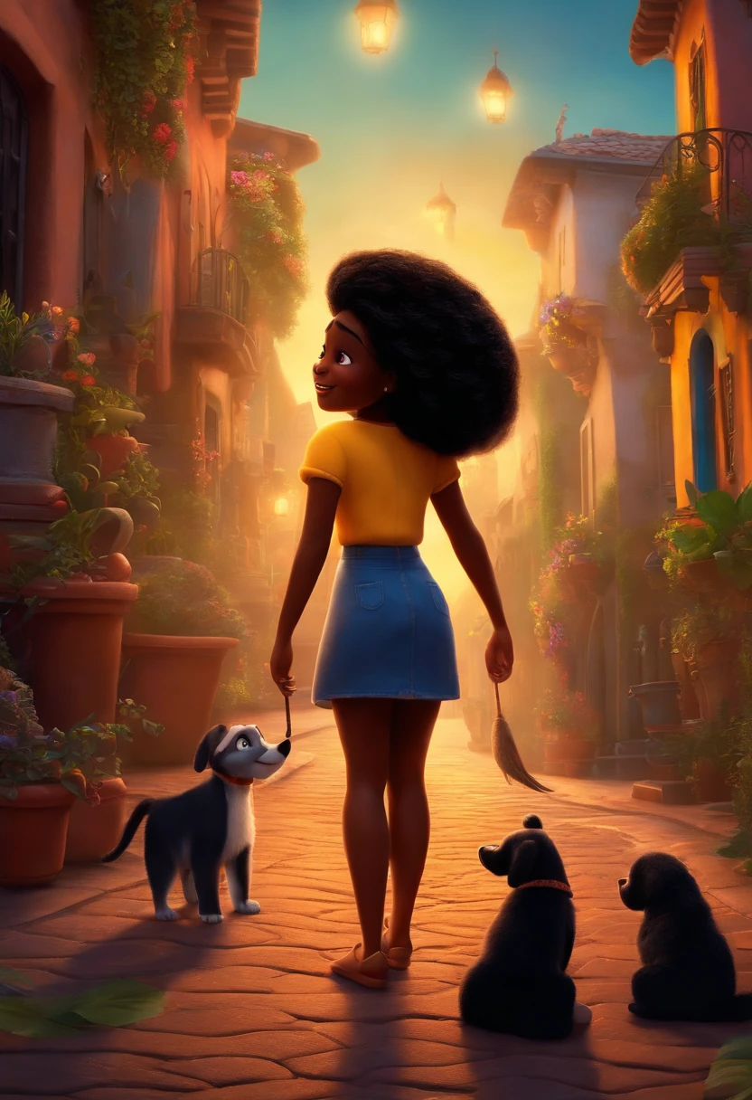 Um filme inspirado na Disney Pixar (MENINA NEGRA JOVEM COM CABELO LONGO CACHEADO PRETO) dentro A cena estar na arte distinta do estilo PIXAR, descolada e estilosa
