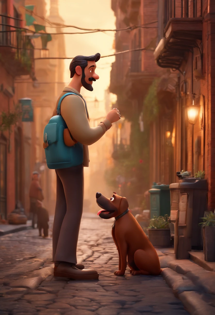Pixar-inspired 3D poster capturing a scene with a 35-year-old man with short hair, bigode preto, Man vomiting on the street with a dog by his side