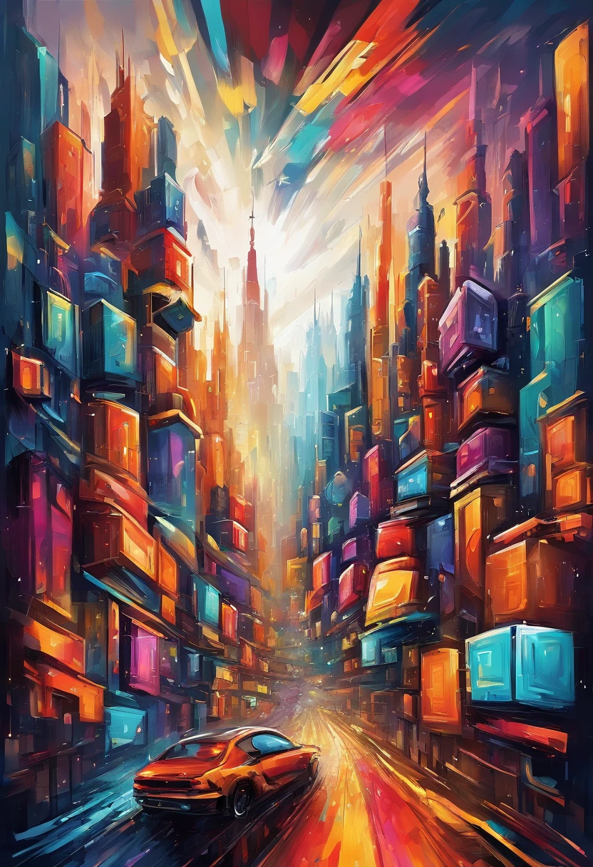 3d oil painting abstract,dark background,high resolution,high quality,colorful,Create desain depicting this futuristic city above the clouds, focusing on the buildings and vehicles.