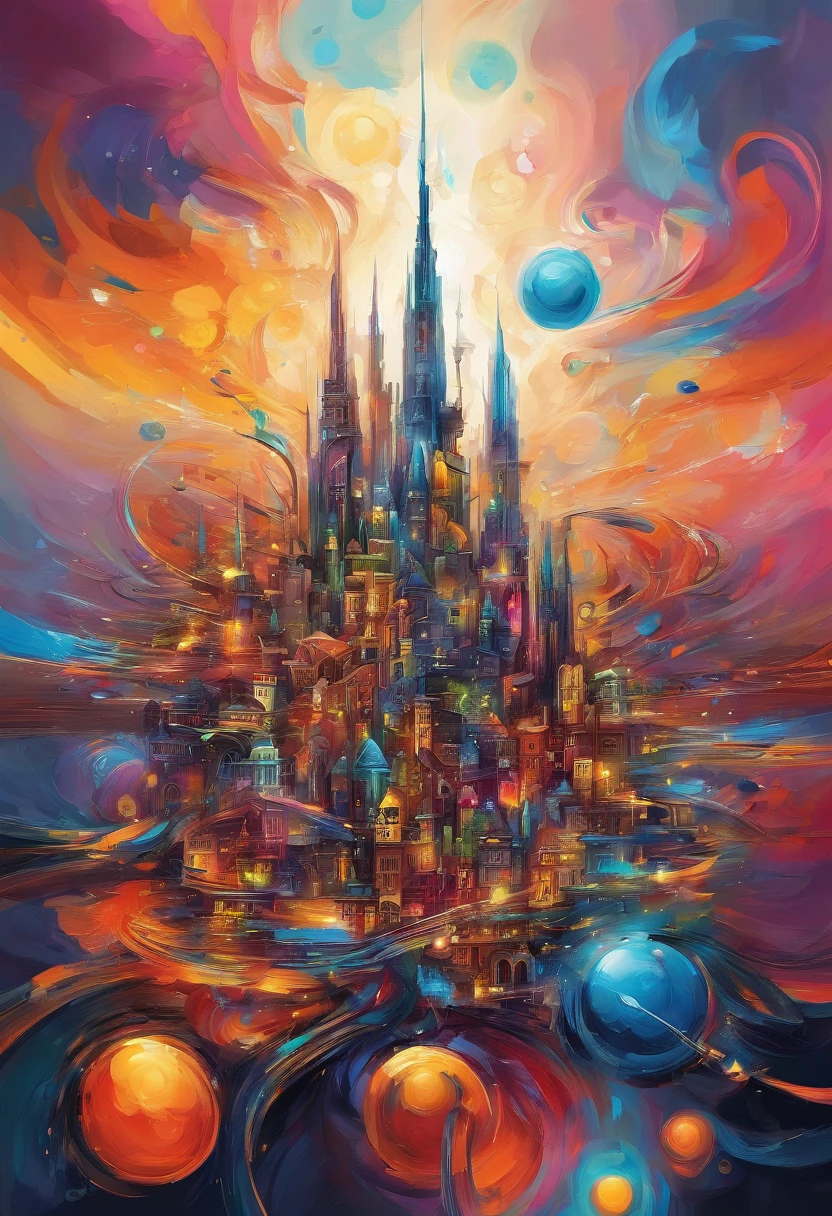 3d oil painting abstract,dark background,high resolution,high quality,colorful,Create desain depicting this futuristic city above the clouds, focusing on the buildings and vehicles.