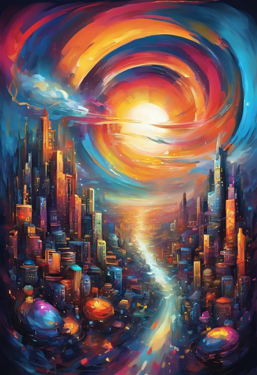 3d oil painting abstract,dark background,high resolution,high quality,colorful,Create desain depicting this futuristic city above the clouds, focusing on the buildings and vehicles.