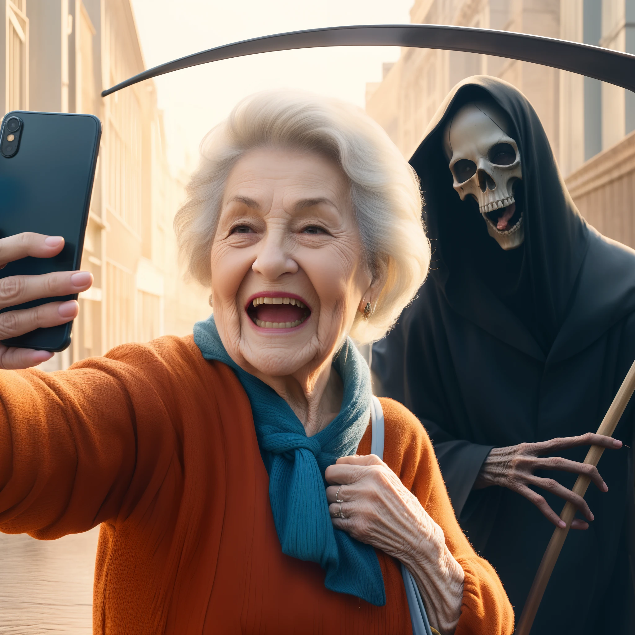 masterpiece, 8K, UHD, best quality, photo-realistic, digital photo, very old woman, grandmother, taking selfie, city street, laughs, happy, black reaper, death, scythe, stands behind, joyfully waves, smile, humor, funny, parody, realism, detailed, intricate details, daylight colors, intense emotion, sharp contrasts, side view, looking at mobile phone, diagonal shot, dynamic angle, unique touches, zoomed out, extreme close-up, top-down perspective