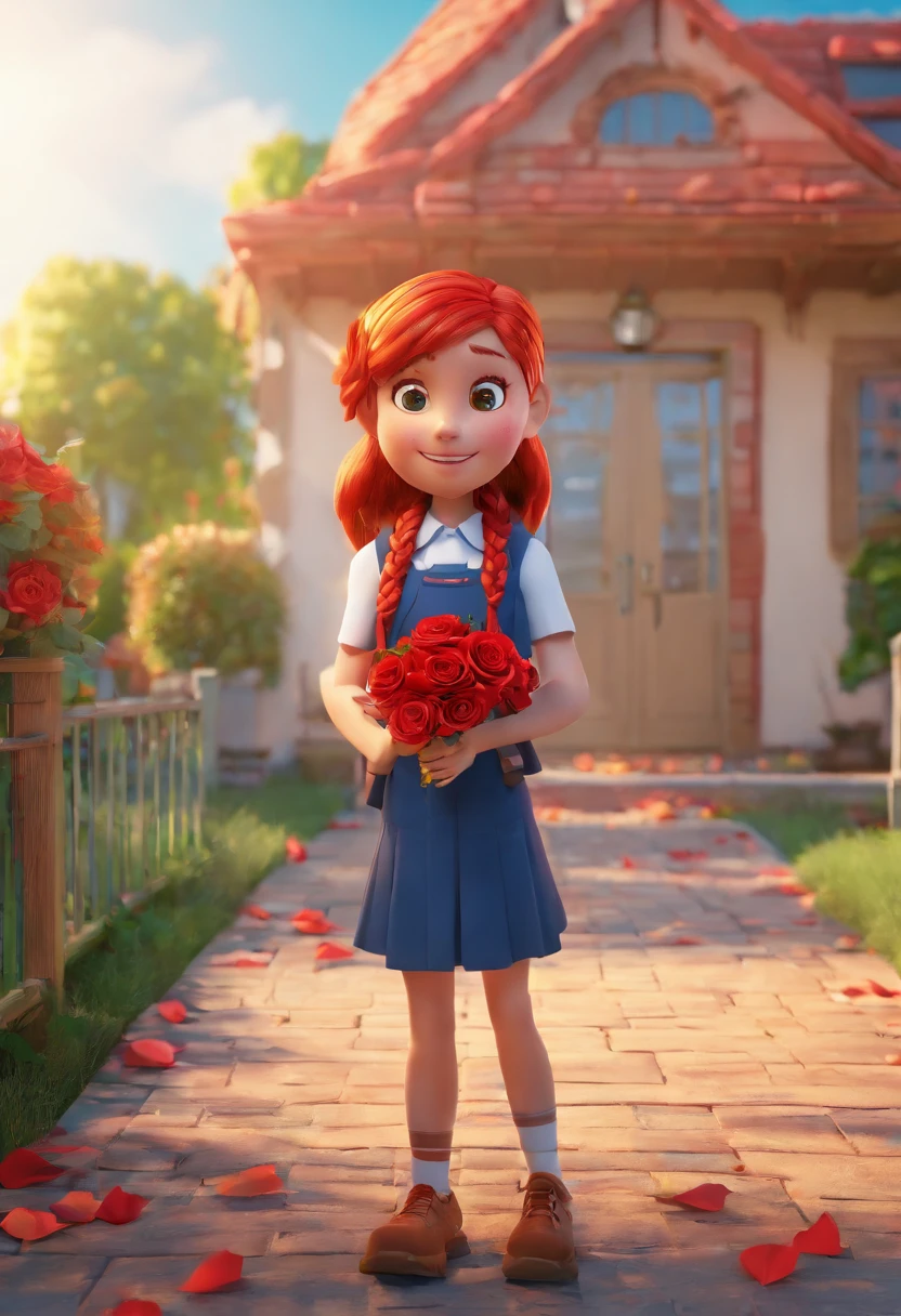 A girl of about 10 years old, Red hair braided into two braids, Dressed in a school uniform, Holding a small bouquet of red roses in his hands, standing on the porch of the school, Sunny weather, Fallen leaves lie on the ground.