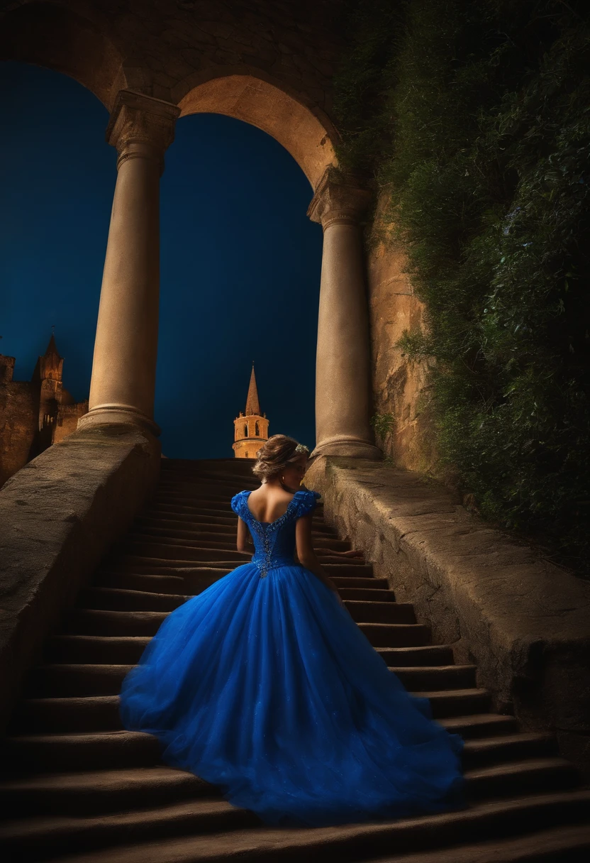 Deitada, festido azul cinderela, fundo castelo
