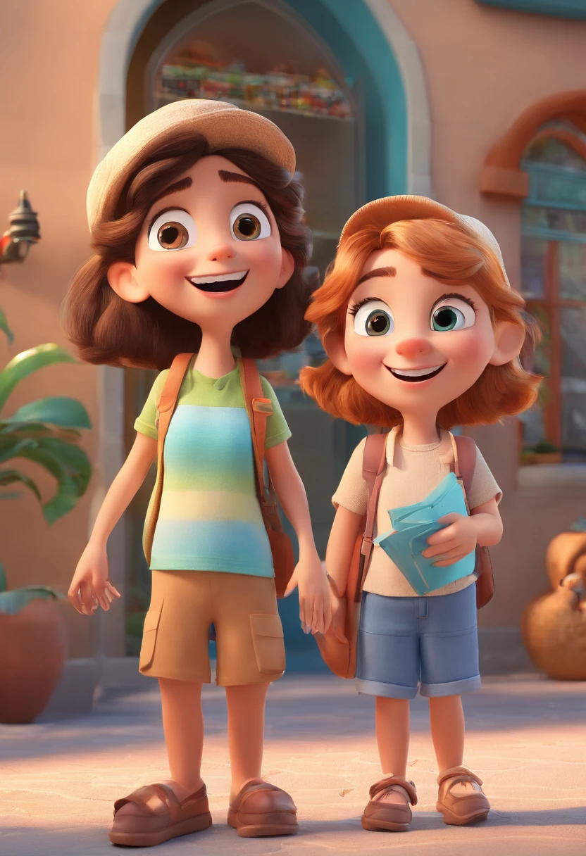 Cartoon of friends having fun on vacation together, 3D Animation Movie Poster, Poster de filme animado, pixar 3 d animation style, pixar renderman rendering, maia 8 mil, animated film, Disney Pixar Estilo 3D, amigos felizes saem juntos, all wearing light blue shirts and cream brown long pants, camisa azul clara, cream brown pants, ao ar livre, vacation, Disney Pixar Animation Poster