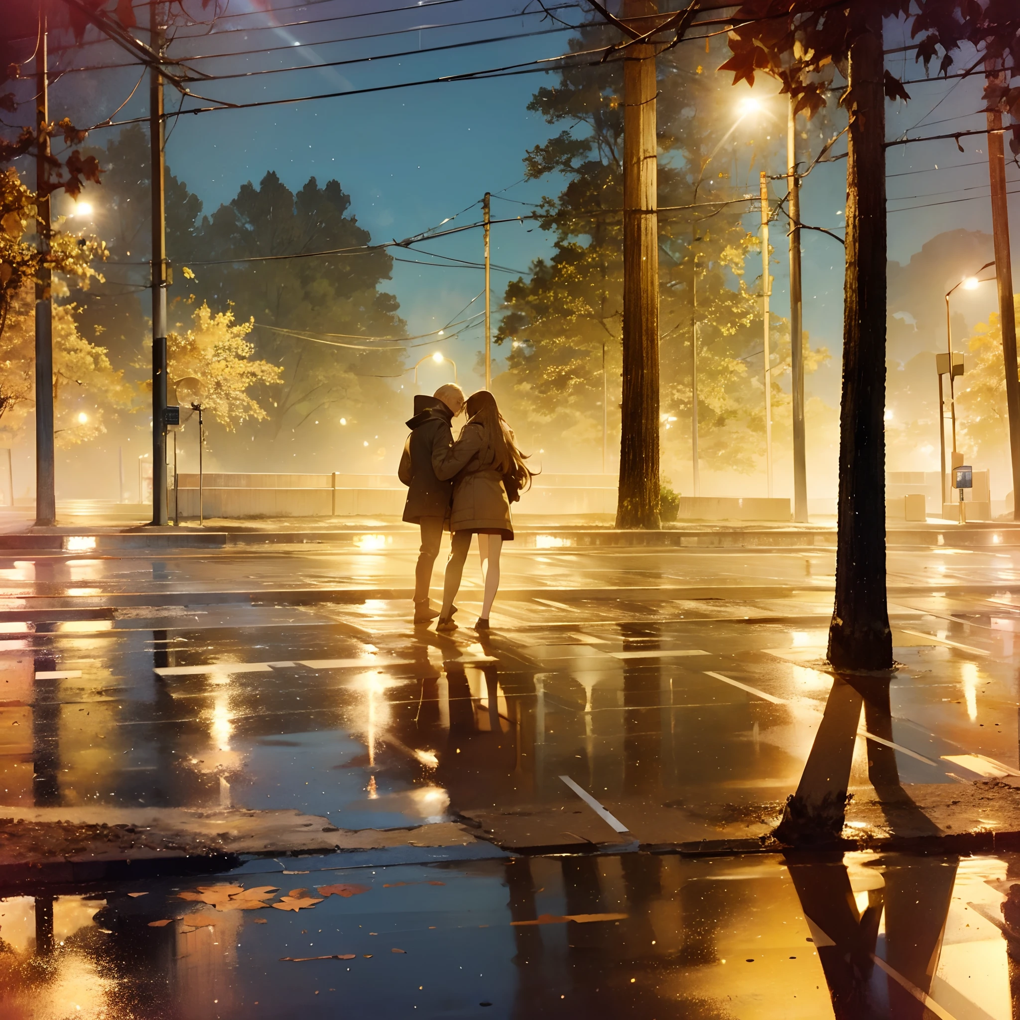 foto realista, hiquality, Night in town, modern town, Wet weather, dark night, wet grass, autumn leaves, big trees, Urban lawn, Large Soviet Houses, city lights, City Lighting at Night, tall trees, City Square, intricate details, ultra detailed, rim lighting, side lighting, cinematic light, ultra high res, 8k uhd, film grain,best shadow, delicate, RAW