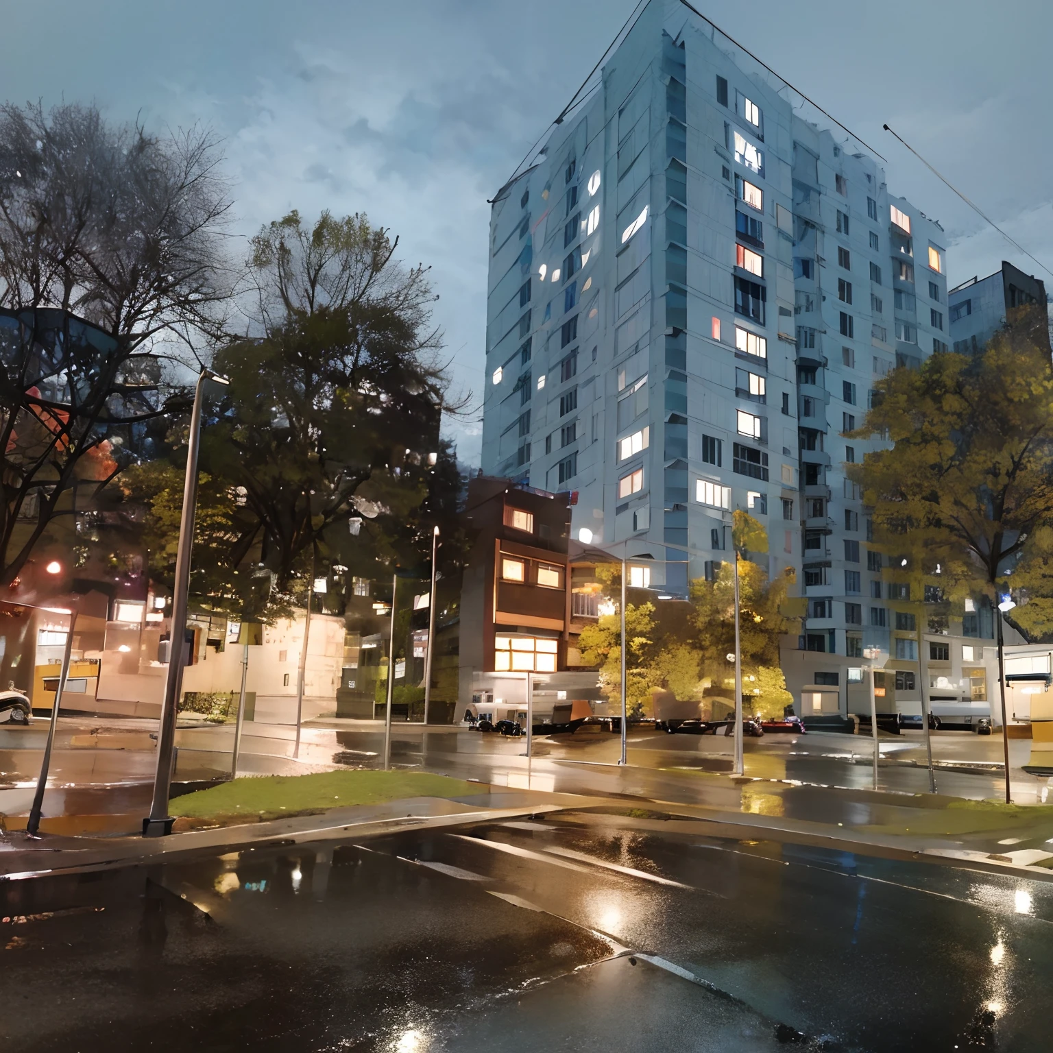 foto realista, hiquality, Night in town, modern town, Wet weather, dark night, wet grass, autumn leaves, big trees, Urban lawn, Large Soviet Houses, city lights, City Lighting at Night, tall trees, City Square, intricate details, ultra detailed, rim lighting, side lighting, cinematic light, ultra high res, 8k uhd, film grain,best shadow, delicate, RAW