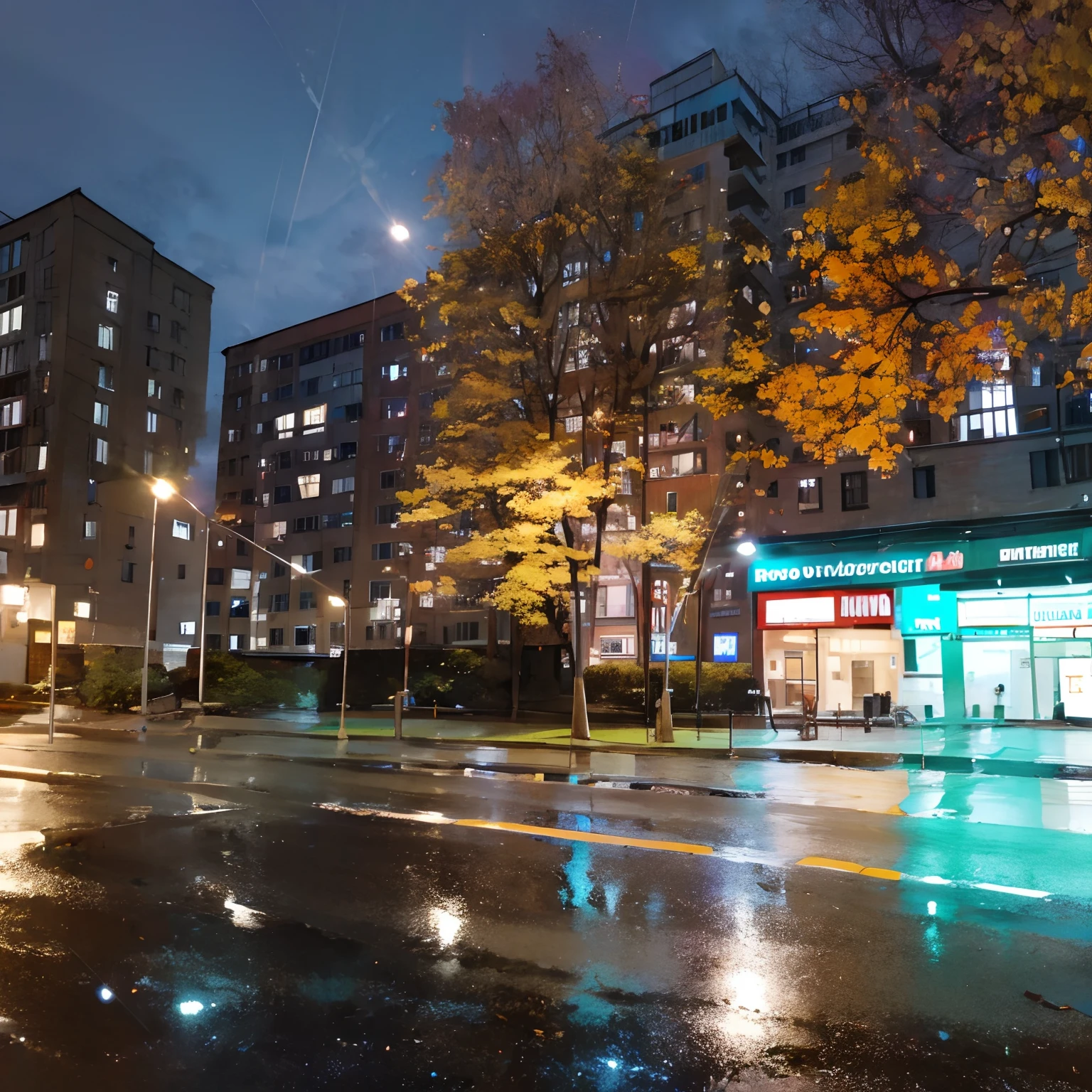 foto realista, hiquality, Night in town, modern town, Wet weather, dark night, wet grass, autumn leaves, big trees, Urban lawn, Large Soviet Houses, city lights, City Lighting at Night, tall trees, City Square, intricate details, ultra detailed, rim lighting, side lighting, cinematic light, ultra high res, 8k uhd, film grain,best shadow, delicate, RAW