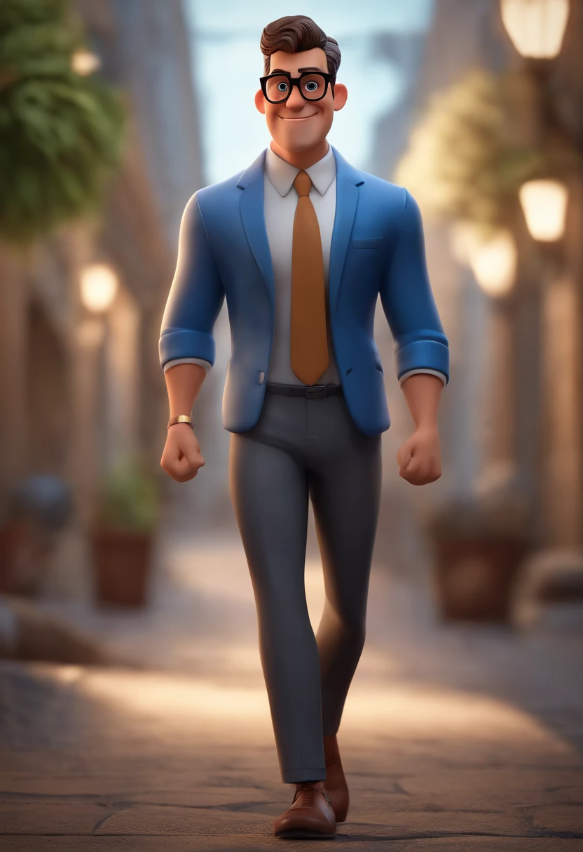 Cartoon character of a man with black glasses, cabelo cacheado marrom escuro e uma camisa azul, animation character, Caractere estilizado, animation style rendering, 3D estilizado, Arnold Maya render, 3 d render stylized, toon render keyshot, Personagem 3D, Personagem 3D, 3d rendering stylized, 3 d character render, personagem de desenho animado, Personagem de close up, Pose de personagem,  (Estilo Pixar) (master part:1.2) (Bokeh) (best quality) (pele detalhada) (textura detalhada) (8k) (argila) (Cinematic lighting) (foco nítido