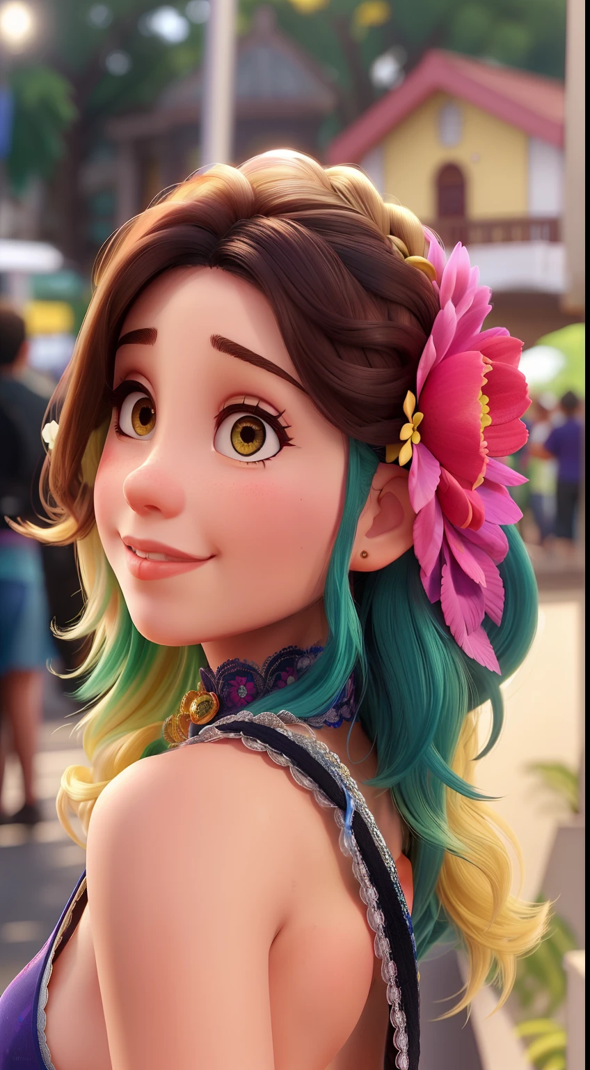 There is a woman with a flower in her hair smiling, usando coroa de penas brilhantes, cocar emplumado, brincos enormes e maquiagem queer, adornos coloridos, com penas, enfeites de cabelo de penas, Carnaval de Barranquilla, Directed by: Felipe Seade, plumagem colorida, imagem de perfil, menina, Foto de perfil, Malika Favre