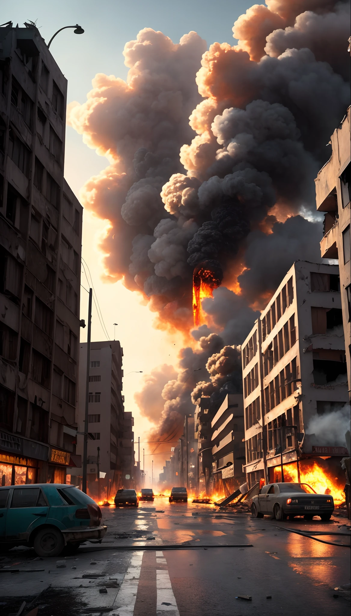 plane dropping bombs, perspectives that convey the action and impact, anguish, fear and determination of the people affected by the bombing, The image should show realistic details that convey the scale of the bombing, such as debris, smoke, flames and the destruction caused, cinematic image, realistic, 8k