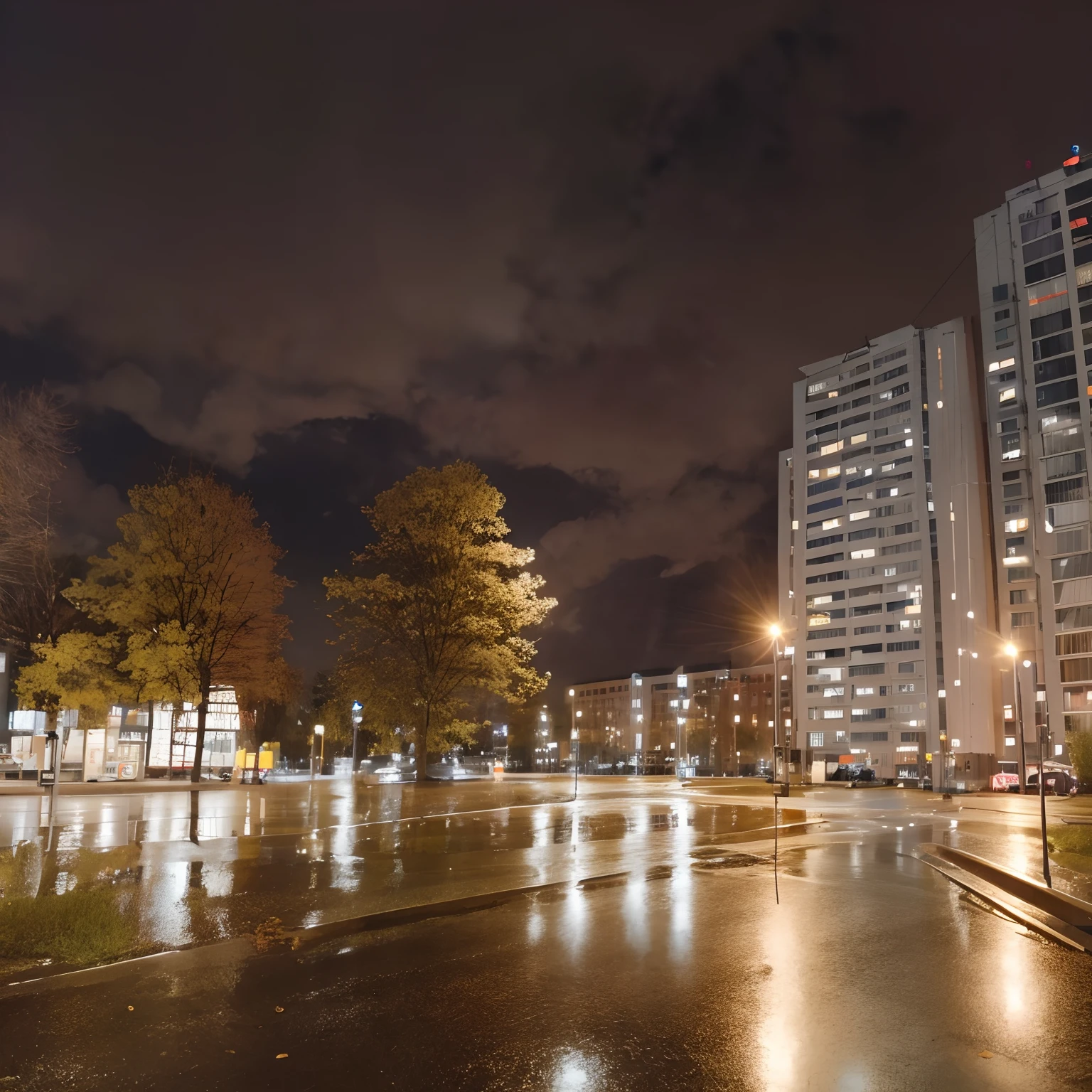 foto realista, hiquality, Night in town, modern town, Wet weather, dark night, wet grass, autumn leaves, big trees, Urban lawn, Large Soviet Houses, city lights, City Lighting at Night, tall trees, City Square, intricate details, ultra detailed, rim lighting, side lighting, cinematic light, ultra high res, 8k uhd, film grain,best shadow, delicate, RAW