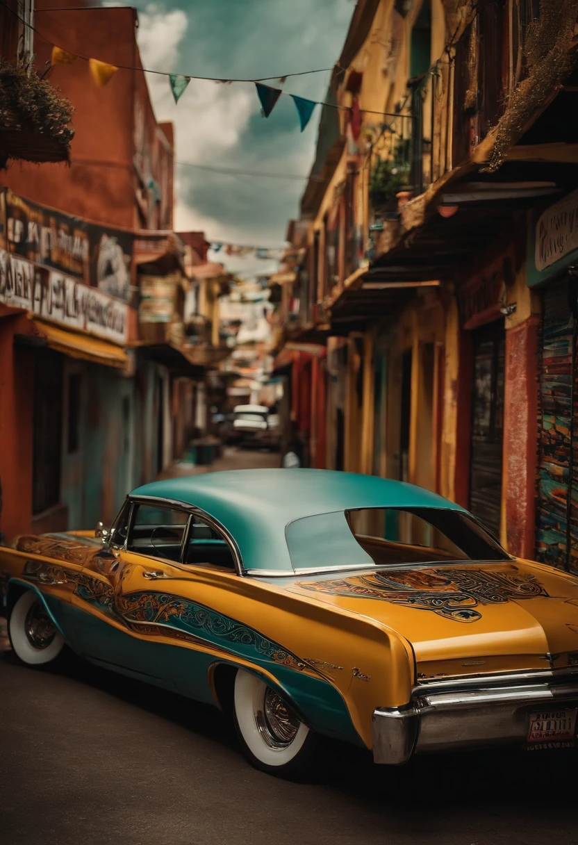 Criar um banner somente escrito em caixa alta "Mi Barrio Ropas" no estilo ticano com um fundo de bairro de periferia e com carros lowriders e pessoas tatuadas