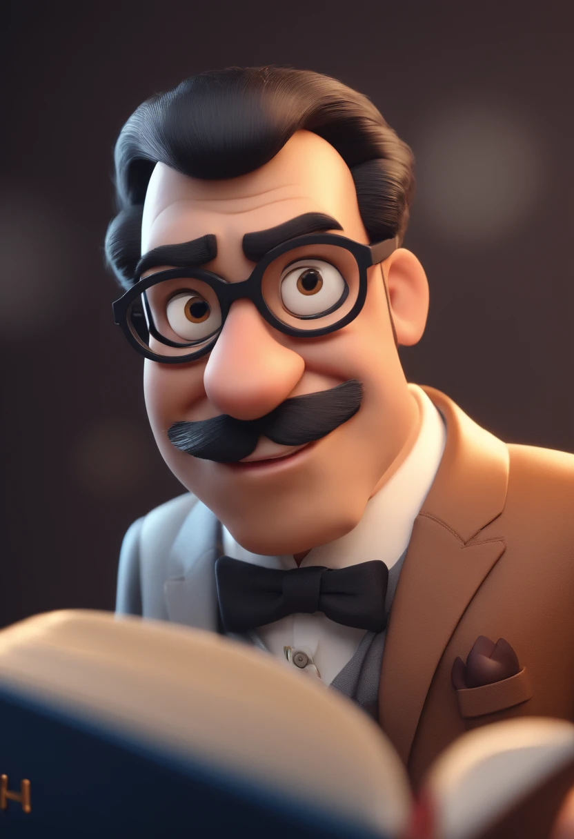 Pixar cartoon character of a man with rectangular black glasses and a suit with bible, animation character, Caractere estilizado, animation style rendering, 3D estilizado, Arnold Maya render, 3 d render stylized, toon render keyshot, Personagem 3D, Personagem 3D, 3d rendering stylized, 3 d character render, personagem de desenho animado, Personagem de close up, Pose de personagem, (Estilo Pixar) (master part:1.2) (Bokeh) (best quality) (pele detalhada) (textura detalhada) (8k) (argila) (Cinematic lighting) (foco nítido