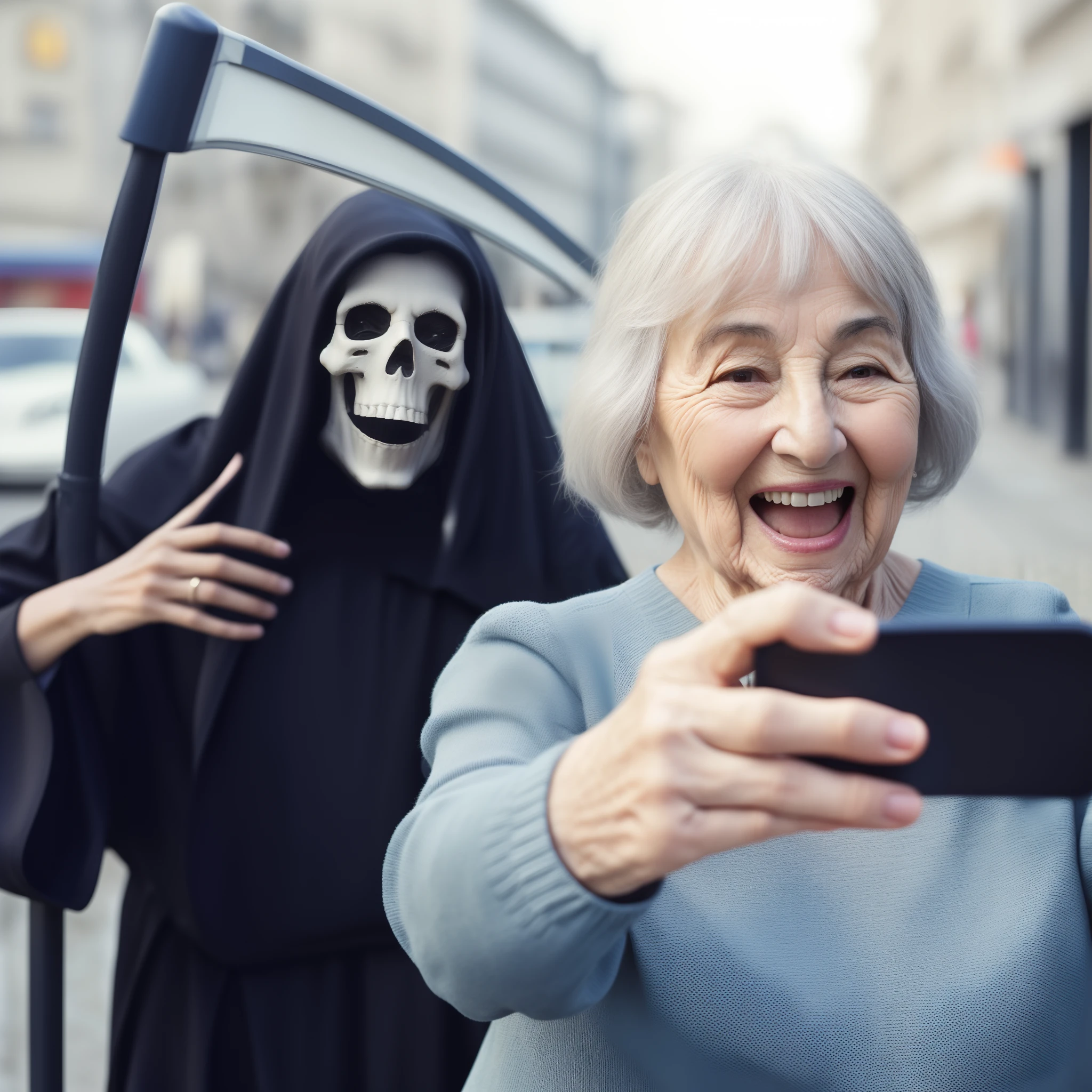 masterpiece, 8K, UHD, best quality, photo-realistic, digital photo, very old woman, grandmother, taking selfie, city street, laughs, happy, black reaper, death, scythe, stands behind, joyfully waves, smile, humor, funny, parody, realism, detailed, intricate details, daylight colors, intense emotion, sharp contrasts, side view, looking at mobile phone, diagonal shot, dynamic angle, unique touches, zoomed out, extreme close-up, top-down perspective