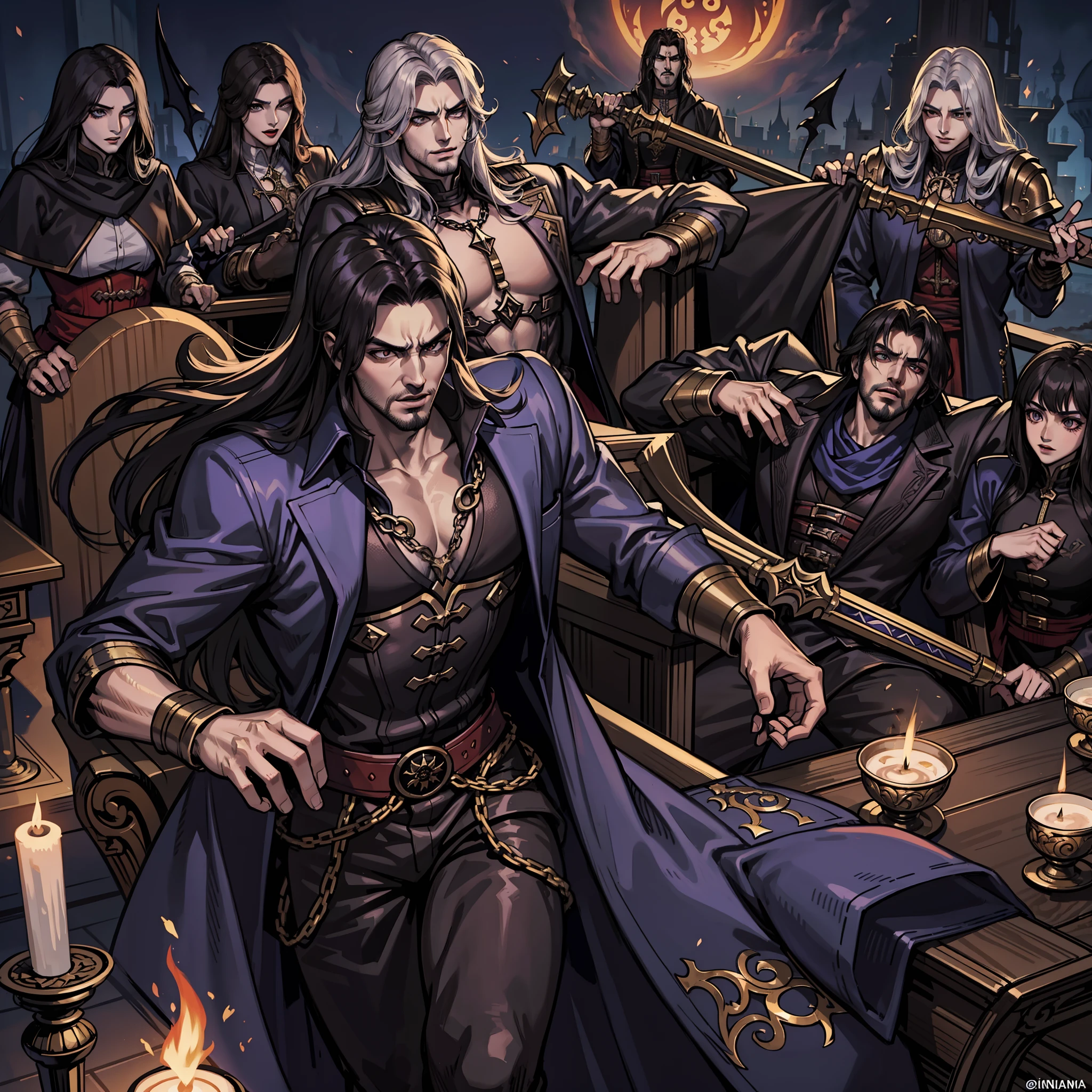 Castlevania Hyper Realistic Lord of Shadows Super Detailed Moroccan Arabic Lord Dracula Muscle Hokuto no Ken , fearless, Scary handsome man leading an army of jinns 10 jinns around him War Battle Atmosphere