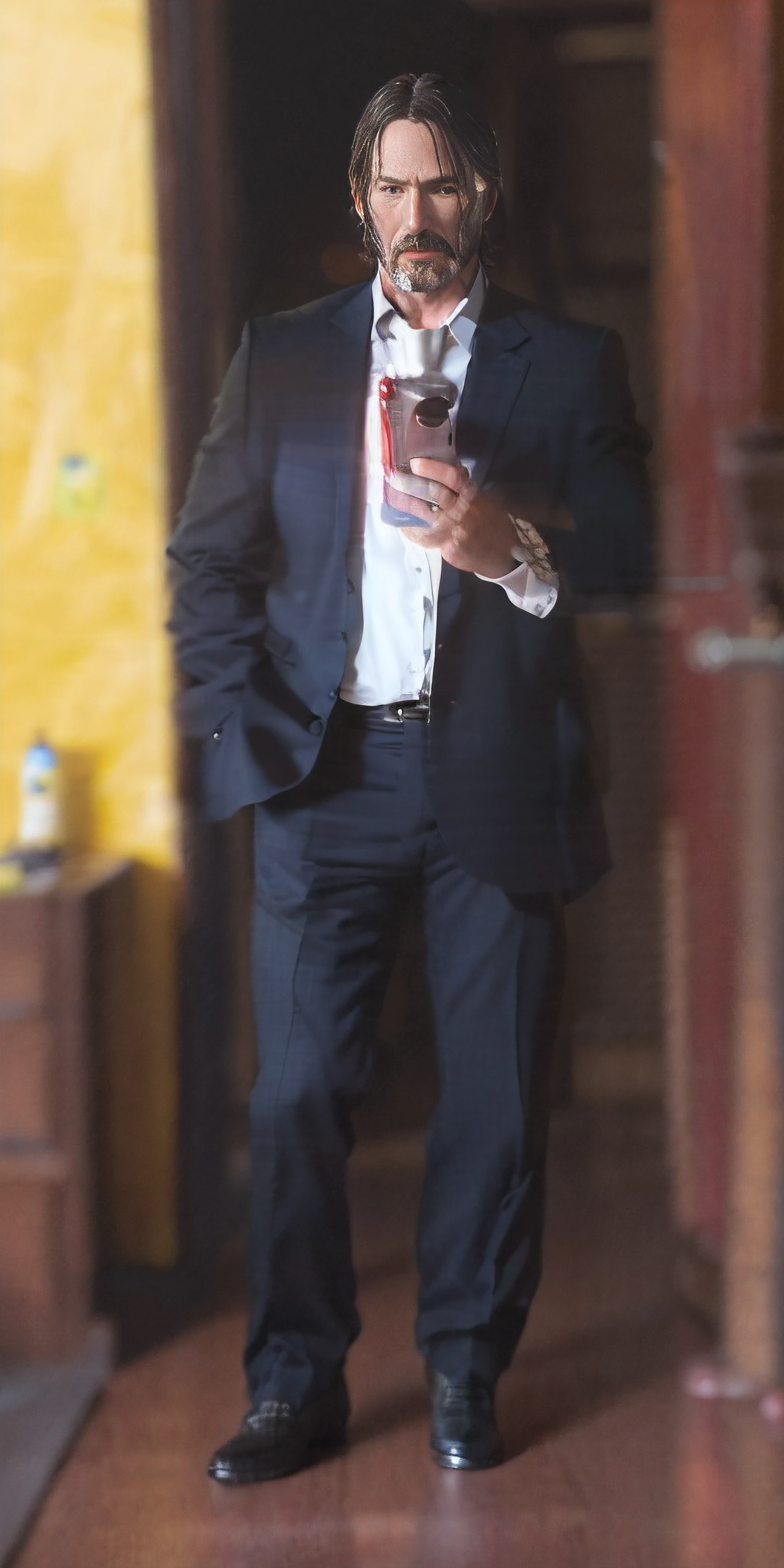 (8k, foto RAW, mejor calidad, obra maestra: 1.2), ultra detallado, arte oficial, fotorrealista: 1.37, foto de la parte superior del cuerpo, John Wick, movie grain, action pose