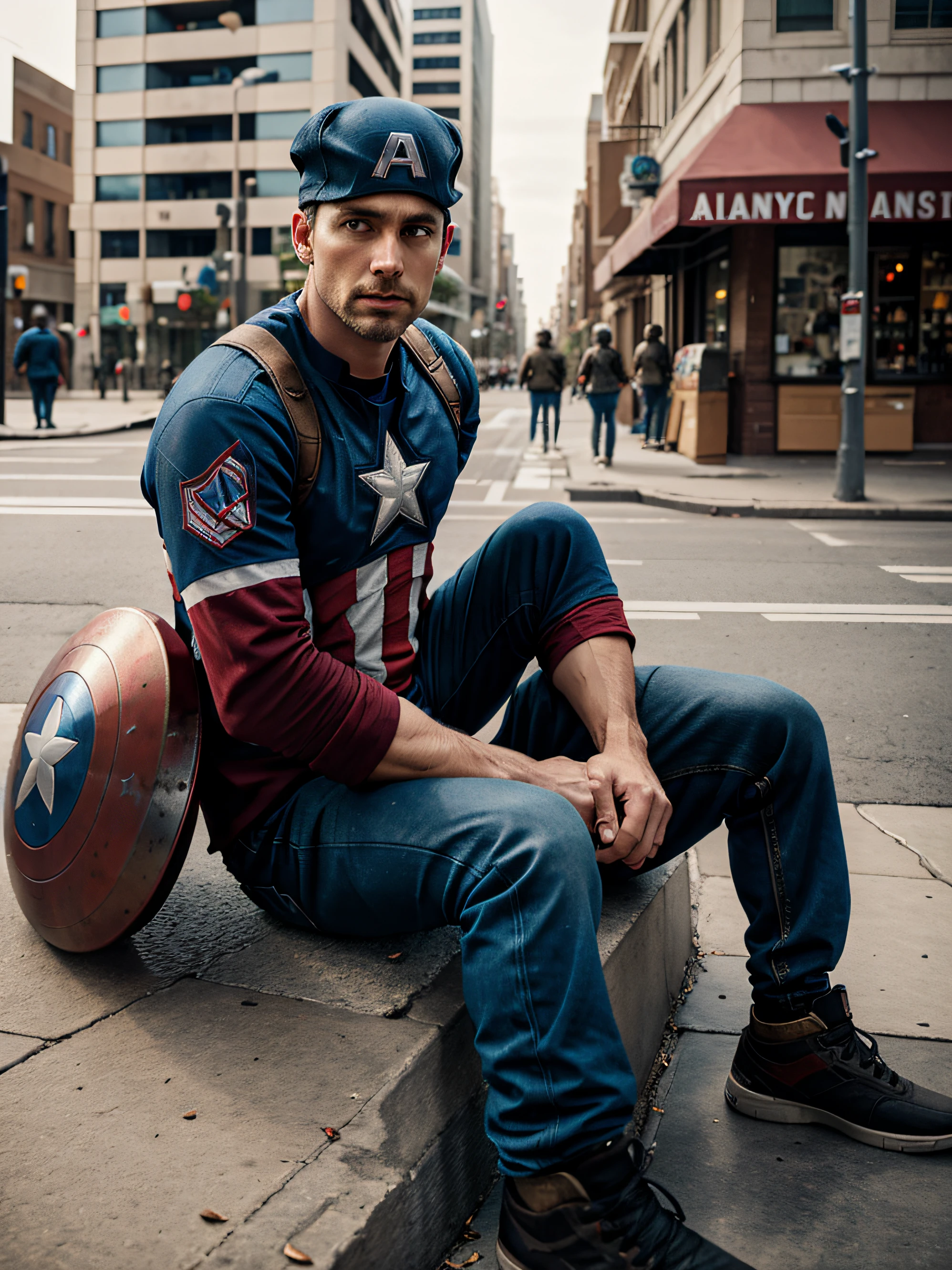 Captain America as homeless and sitting on the streetside with dirty clothes and holding a cap full-body, cinematic filter.