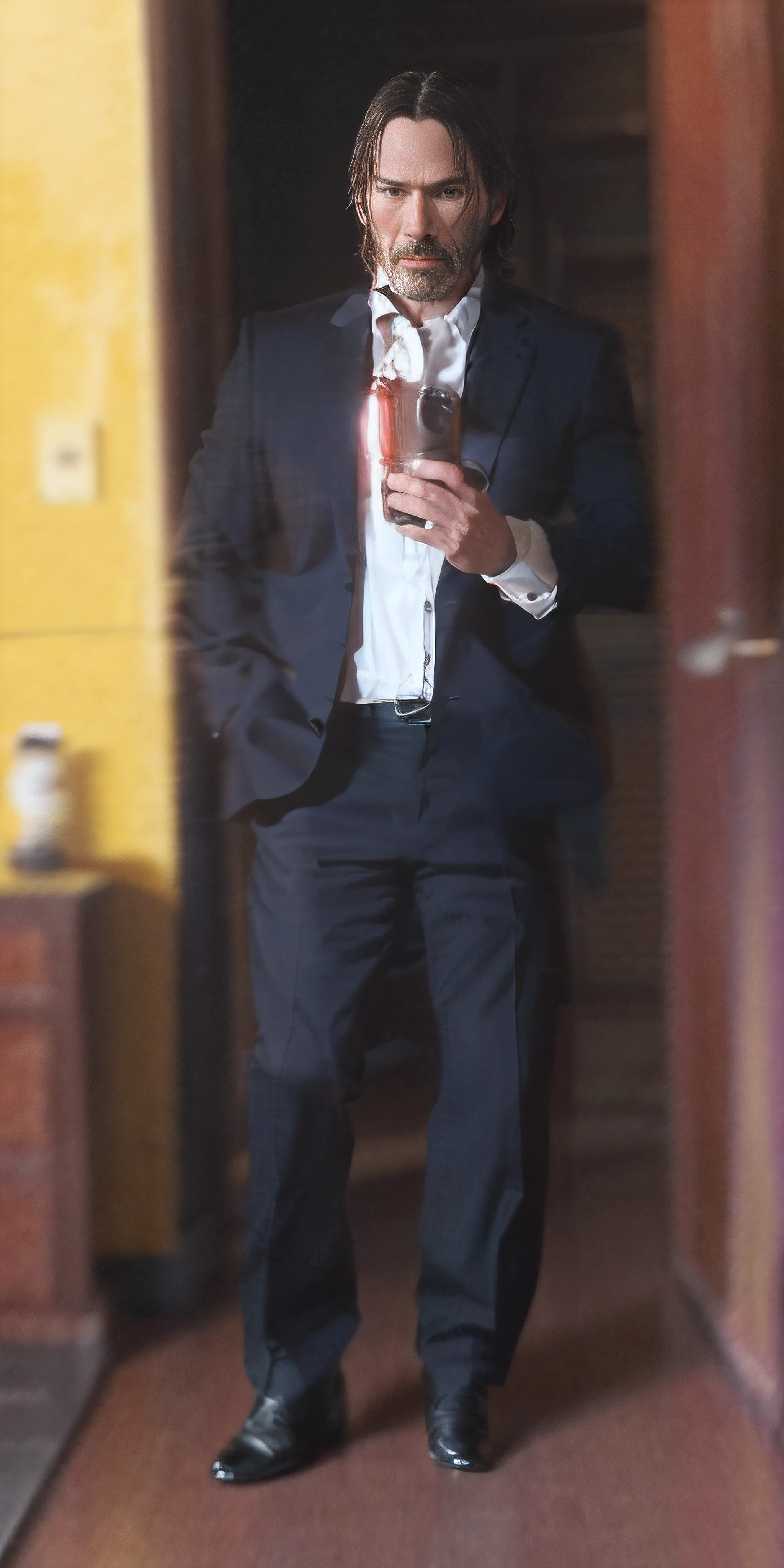 (8k, foto RAW, mejor calidad, obra maestra: 1.2), ultra detallado, arte oficial, fotorrealista: 1.37, foto de la parte superior del cuerpo, John Wick, movie grain, action pose