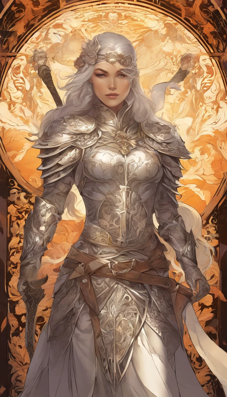 vivid colors, armadura detalhada, Engraved metal armor, desenhos intrincados na armadura, intrincadas gravuras de armadura, postura imponente e poderosa, feroz , short, flowing white hair, dynamic pose, Intensa cena de batalha, fantasy scenery, cores vibrantes, dramatic lighting, epic atmosphere, Mythical creatures in the background, Magical Effects Around the Sword, attention to facial anatomy and features, Iconic use of highlights and shadows, Capturing emotion, masterful composition, retratando personagens femininas fortes.