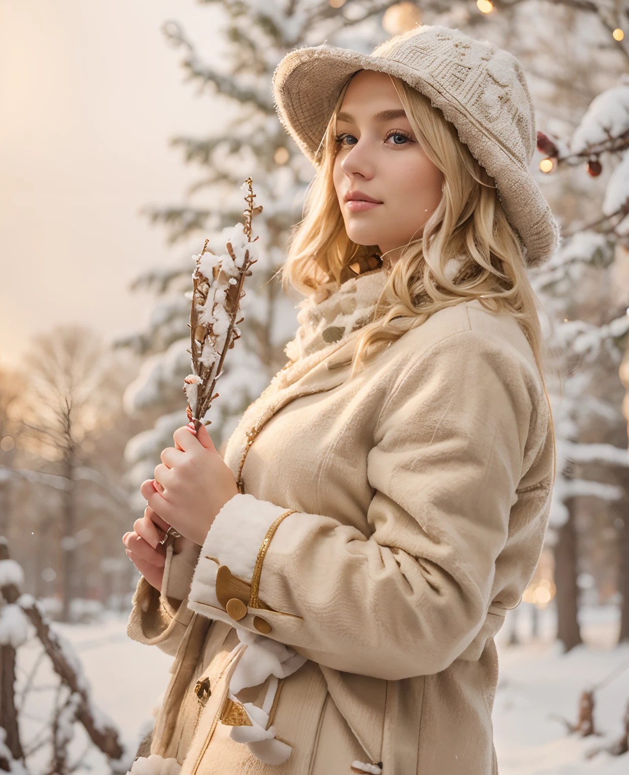 winter, New Year, handsome girl, Holding Christmas tree branches in your hands, Blonde woman with blonde hair with beautiful patterns and embellishments, Garlands
