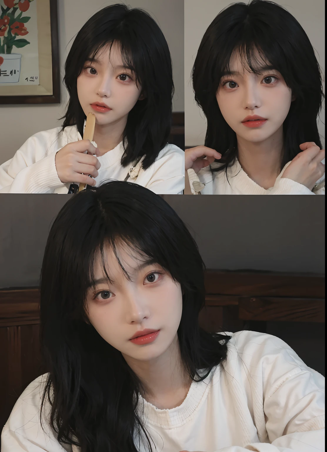 best qualtiy， 超高分辨率， （realisticlying：1.4）， A woman with long black hair and a gray sweater, 中景 the scene is, She has black hair，By bangs, young lovely Korean faces, wan adorable korean face, ulzzangs, Shin Jinying, beautiful aesthetic face, Korean face features, Played by Liu Lee Ji Eun ，Beautiful realistic face