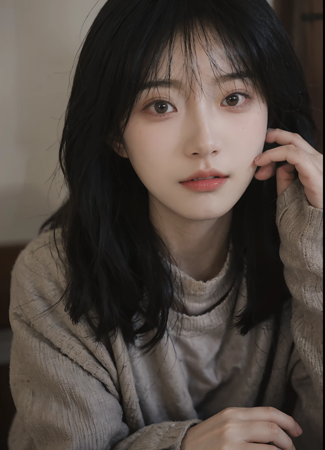 best qualtiy, 超高分辨率, (realisticlying:1.4), A woman with long black hair and a gray sweater, 中景 the scene is, She has black hair,By bangs, young lovely Korean faces, wan adorable korean face, ulzzangs, Shin Jinying, beautiful aesthetic face, Korean face features, Played by Liu Lee Ji Eun ,Beautiful realistic face