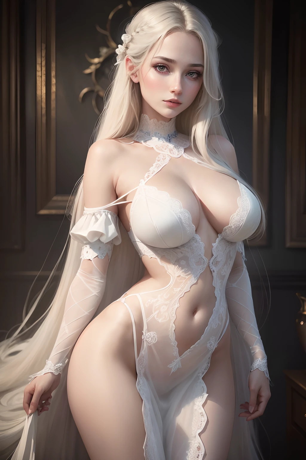 (best quality,4k,highres,masterpiece:1.2),ultra-detailed,(realistic,photorealistic,photo-realistic:1.37), HDR, UHD, studio lighting, extreme detail description, professional, vivid colors, bokeh, detailed eyes, detailed lips, extremely detailed eyes and face, long eyelashes, lacey dress, pale skin, bandages on arms, eerie background, beautiful young woman, long white flowing hair covering one eye