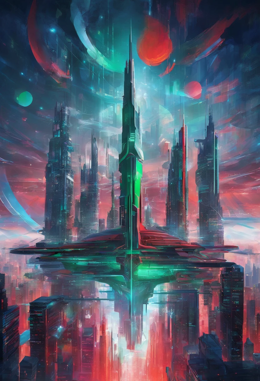 3d acrylics abstract,dark background,high resolution,high quality,colorful,green,red,blue,Create desain depicting this futuristic city above the clouds, focusing on the buildings and vehicles.