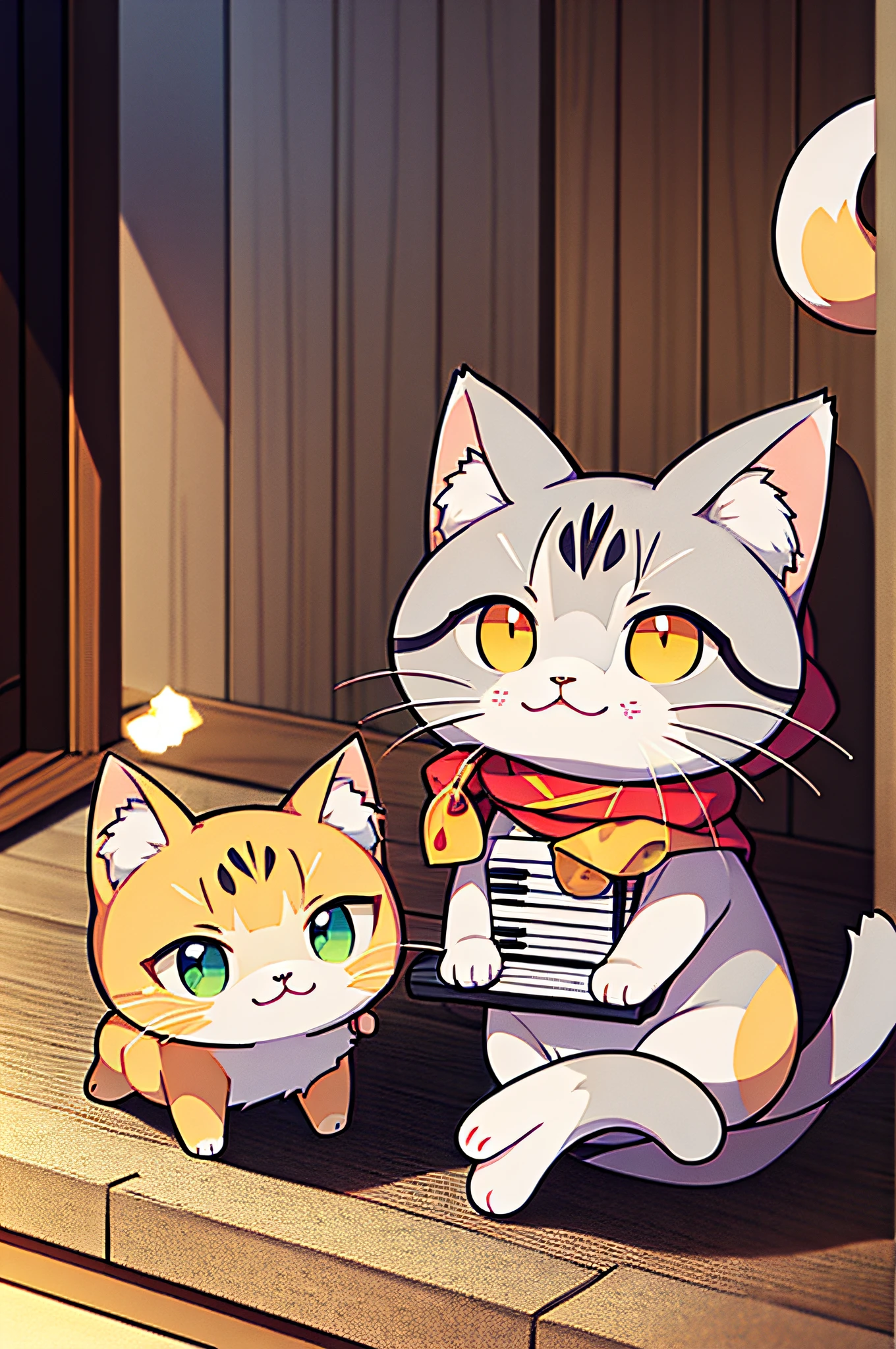 There is a cat that sits with its mouth open, Cat Anime, Cute cat anime appearance, a cute little cat, flounder, Cute art, by Sitao, realistic anime cat, Happy Cat, Sora like a cat, expressing joy. supervision: by krenz cushart, Cat Anime Cute, by Yang J, catss [ playing piano ]