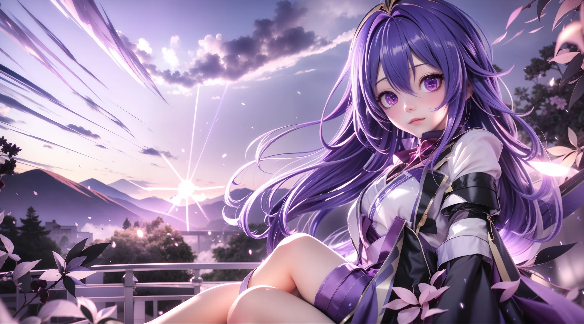 Anime girl with long purple hair and purple dress sitting on a railing, Anime-Stil 4 K, Bestes Anime 4K Konachan Hintergrundbild, anime art wallpaper 8 k, anime art wallpaper 4 k, Anime Hintergrundbilder 4k, Anime Hintergrundbild 4k, anime art wallpaper 4k, 4k Anime Hintergrundbild, Ultra HD Anime Hintergrundbild, Anime Moe Kunststil, rote Augen
