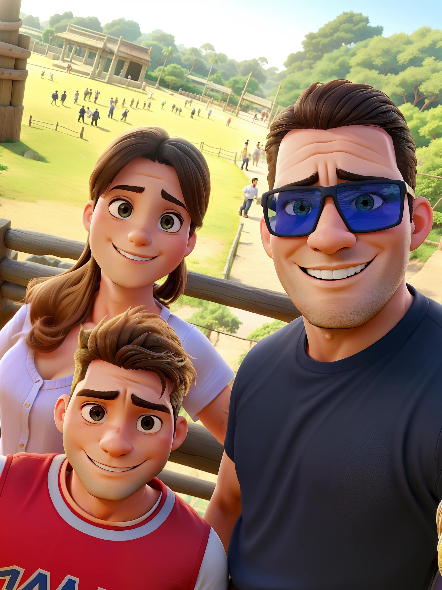 A handsome and strong man with his beautiful wife and their 9--old in a zoo, todos felizes e iluminados pela luz do sol.