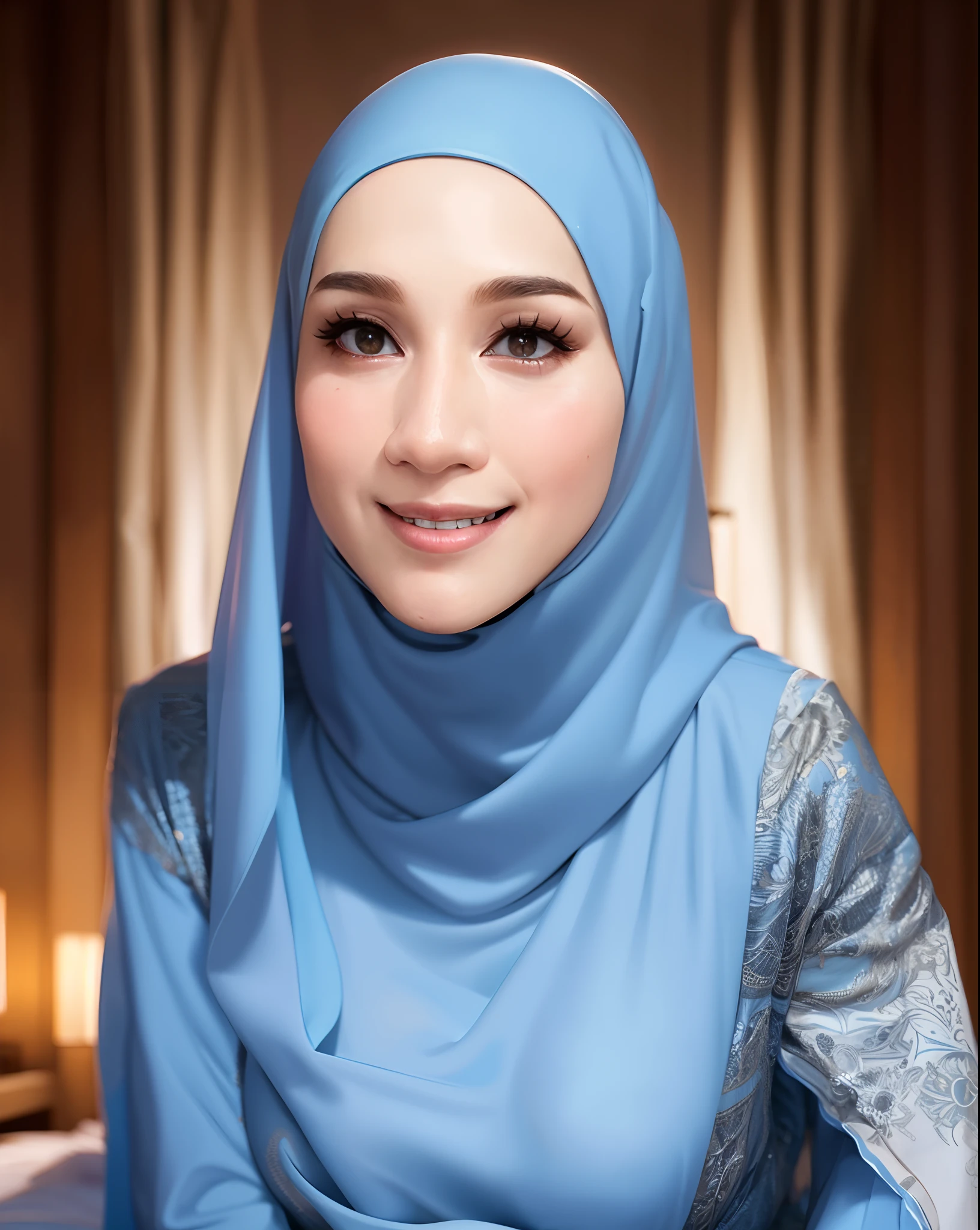 Masterpiece, realistic, best quality, best lighting, 1 pretty girl with angelic face, ((full bodyshot head to toe)), beautifully makeup, eyeshadow, Parted Lips, Detailed Eyes, beautiful big eyes, long eye lashes, smile, wearing ((Dark blue satin headscarf)), loosely tide hijab style, ((sexy clothes)), very big breast, dinning in the dinning room, (seducing, sexy pose)
