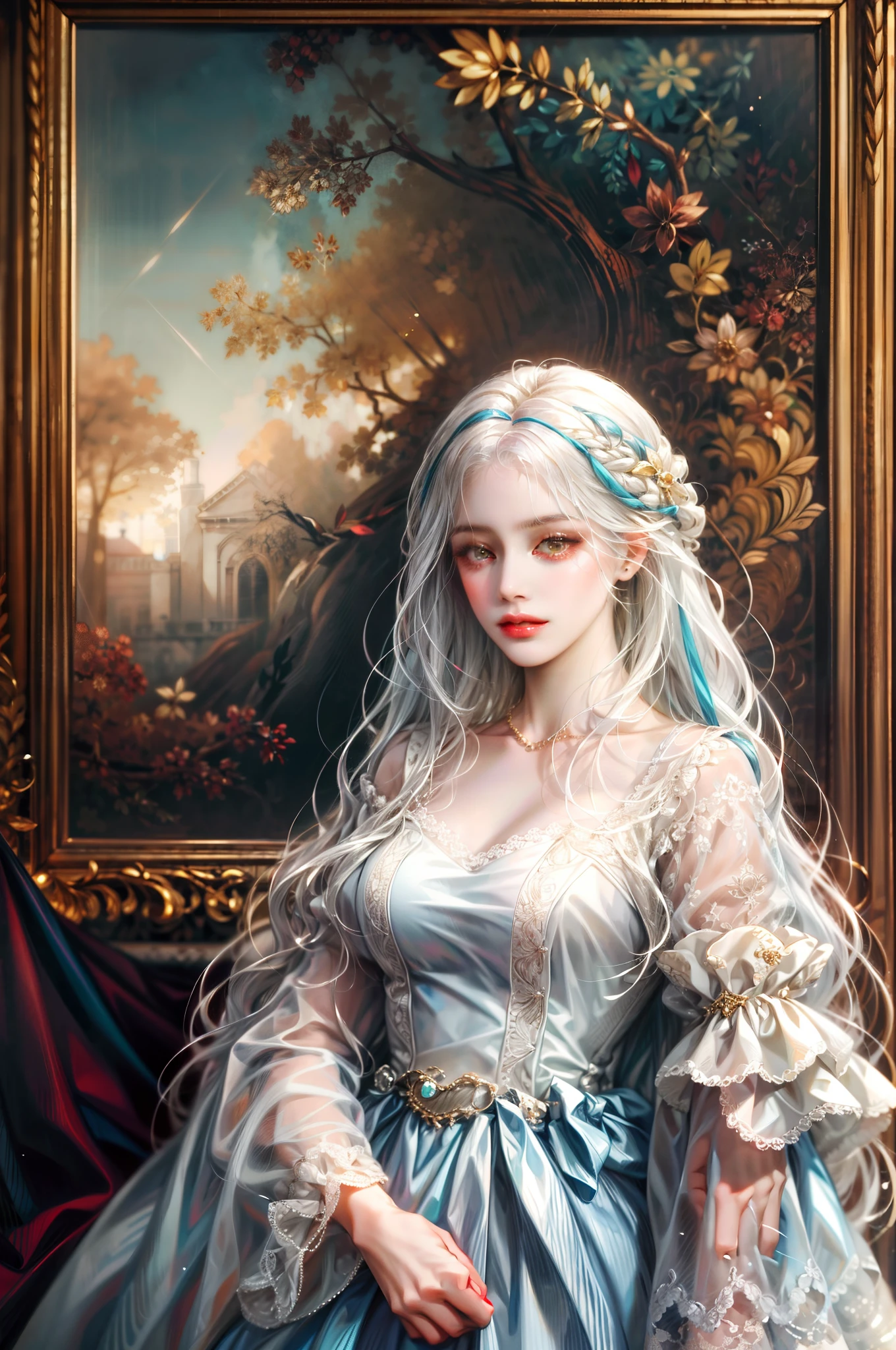 (absurdres, highres, ultra detailed), 1girl, solo, mature, (very long hair, white hair), Baroque, long dress, long sleeve, elegant, colorful, highest detailed, upper body