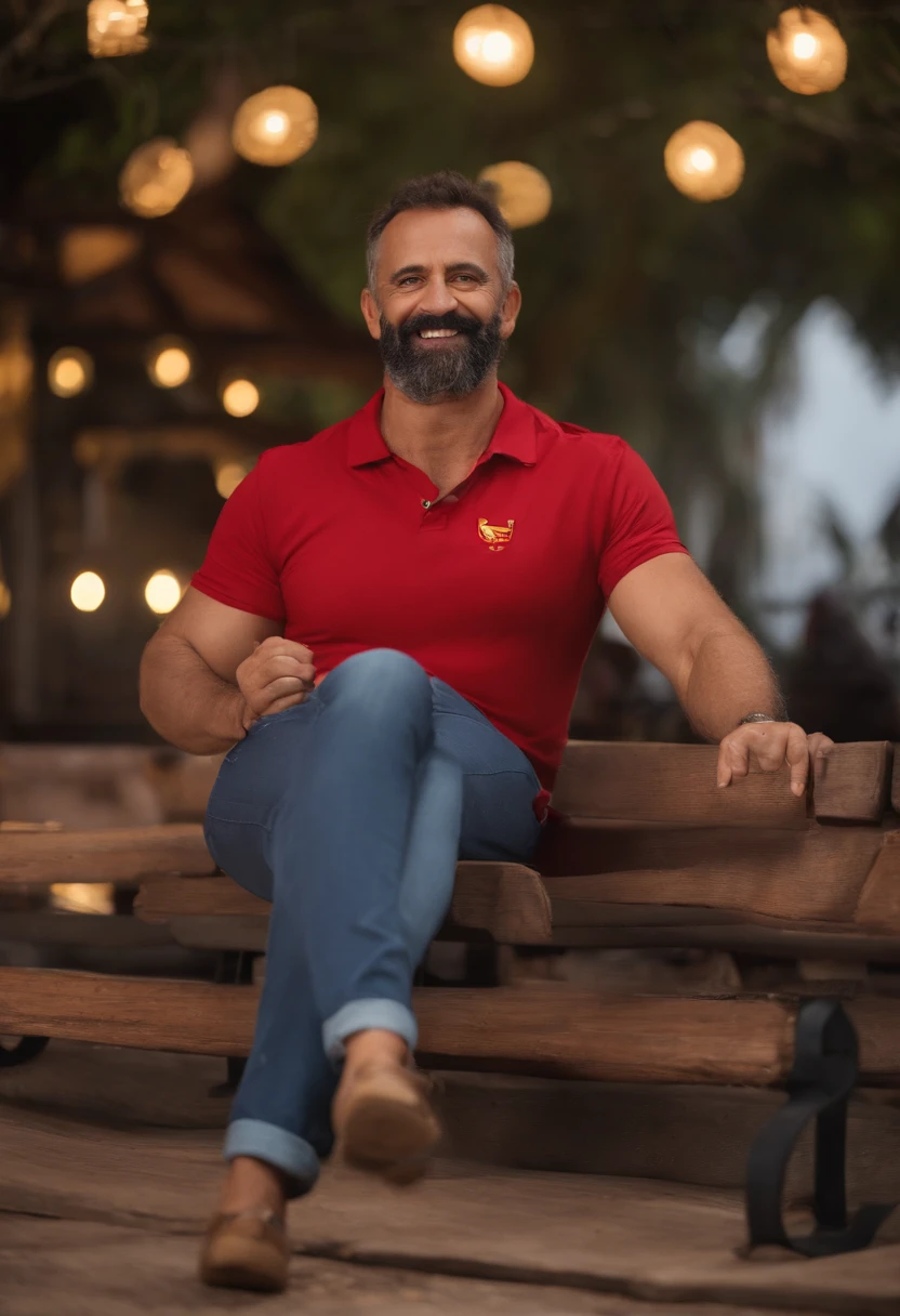 um homem, 48 anos, 120 kg, em breve, barba curta, olhos castanhos, camisa do sport Recife, um palco de teatro ao fundo, Imagem no estilo Pixar, Estilo de filme animado 3D, Disney, camiseta preta