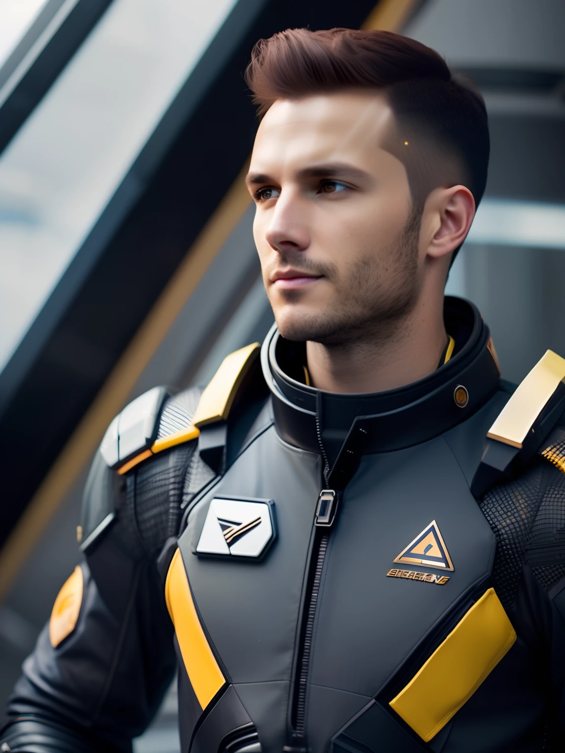 fking_scifi, award-winning photo of a man, black flight suit with yellow accents, brown hair, (gray eyes:1.35), square jawline, asymmetric face, standing in front of a window on a space ship, 80mm, bokeh, mass effect, close up, fking_cinema_v2