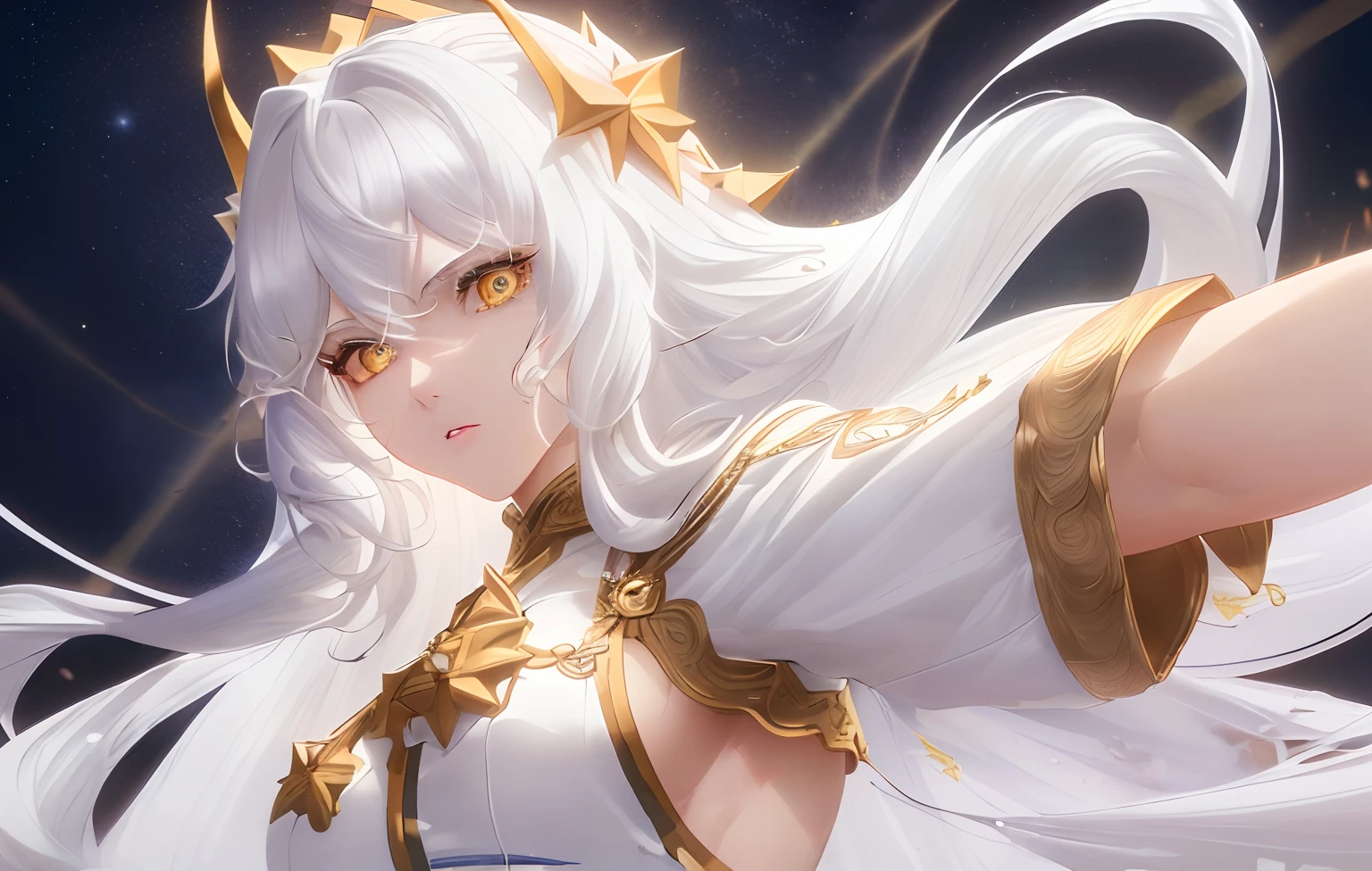 (Best quality, 8k, 32k, perfect body, ultra detailed face, , detailed eyes, ((masterpiece)), highres, Muscular woman, White hair, Yellow eyes, tall body, Small face, Long hair, Crazy hair, Goddess outfit, Neutral Expression, Solo, Star Eyes, Holding blade, Standing