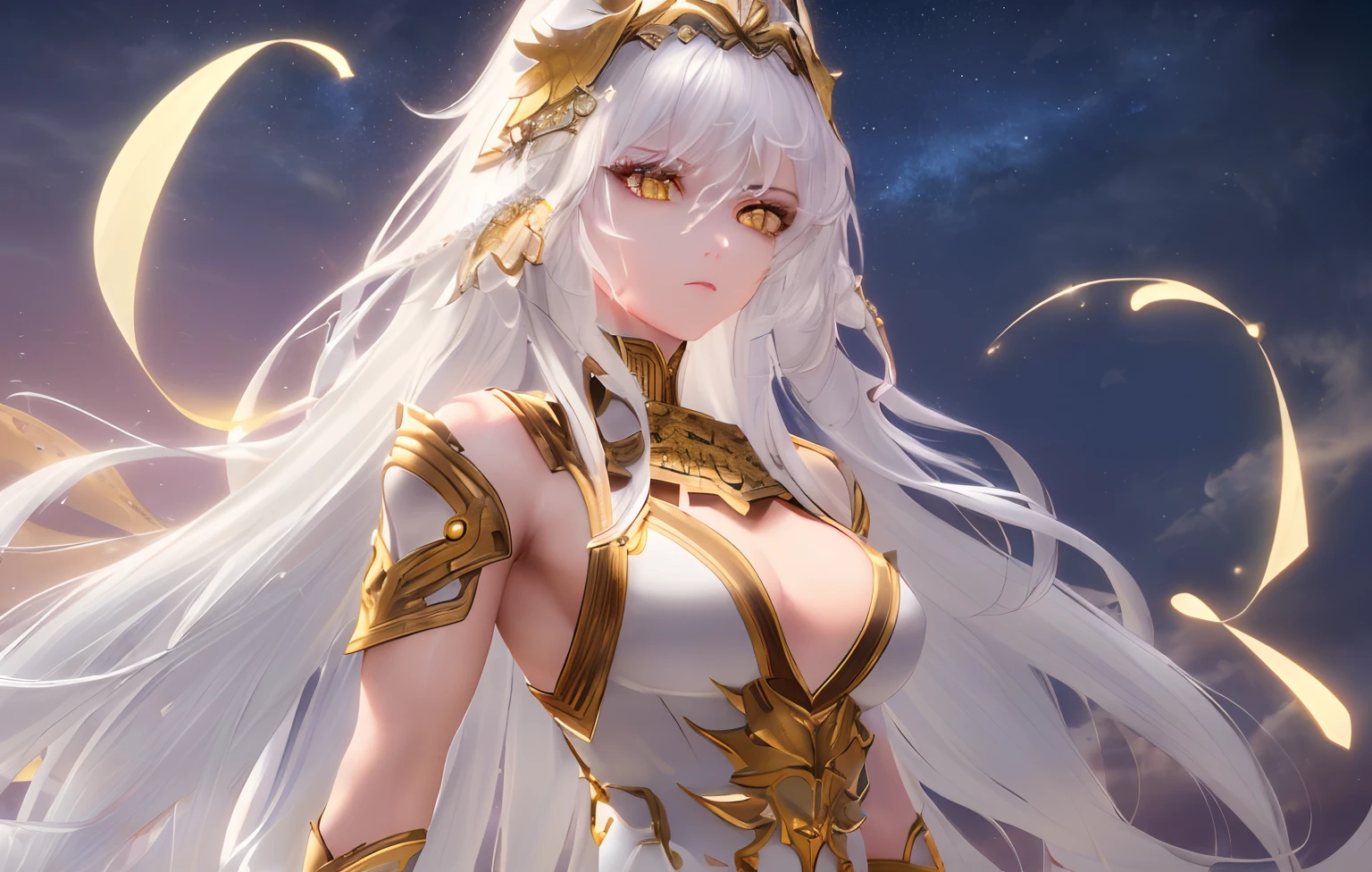 (Best quality, 8k, 32k, perfect body, ultra detailed face, , detailed eyes, ((masterpiece)), highres, Muscular woman, White hair, Yellow eyes, tall body, Small face, Long hair, Crazy hair, Goddess outfit, Neutral Expression, Solo, Star Eyes, Holding blade, Standing