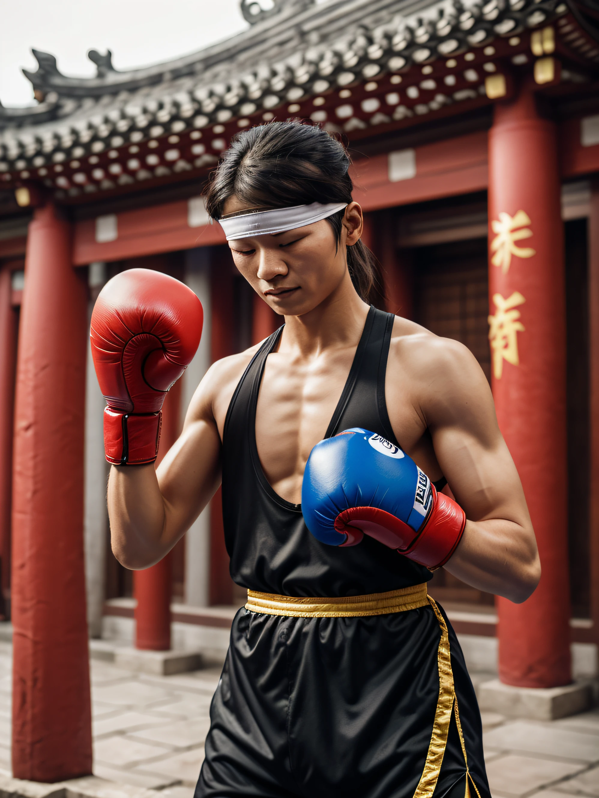 a blind muay thai fighter with blindfold sash covering eyes, in a chinese temple garden, boxing gloves, realistic, high quality, high resolution,