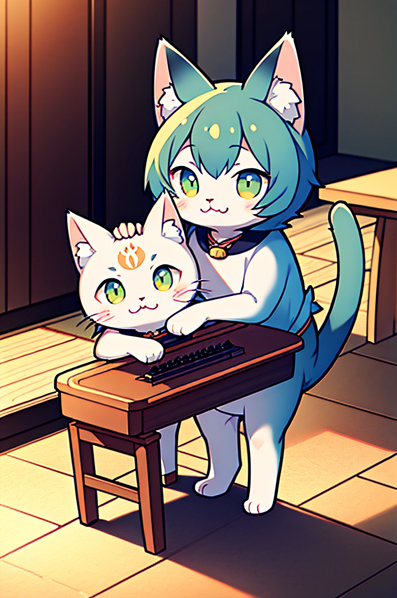 There is a cat that sits with its mouth open, Cat Anime, Cute cat anime appearance, a cute little cat, flounder, Cute art, by Sitao, realistic anime cat, Happy Cat, Sora like a cat, expressing joy. supervision: by krenz cushart, Cat Anime Cute, by Yang J, catss [ playing piano ]