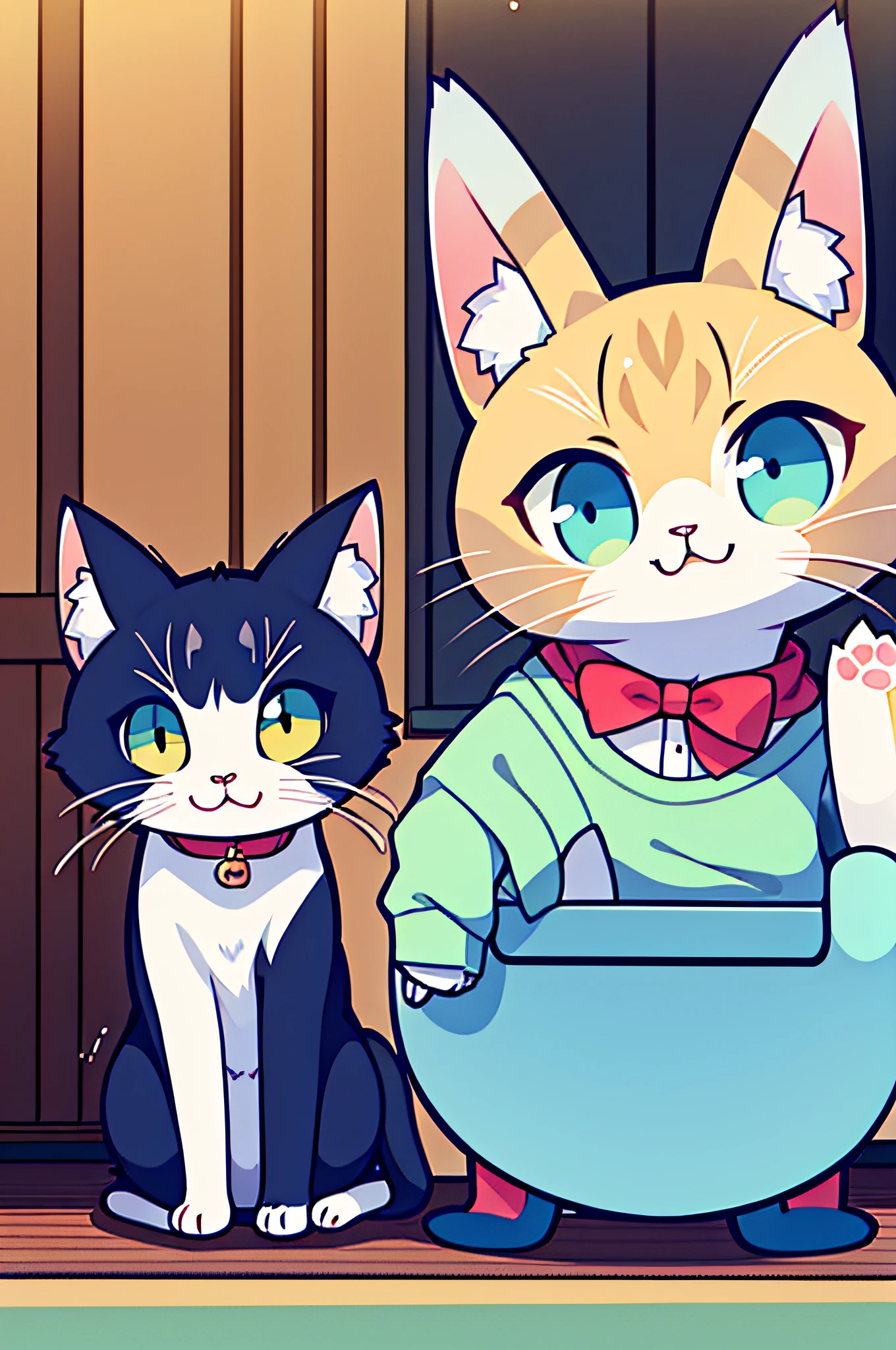 There is a cat that sits with its mouth open, Cat Anime, Cute cat anime appearance, a cute little cat, flounder, Cute art, by Sitao, realistic anime cat, Happy Cat, Sora like a cat, expressing joy. supervision: by krenz cushart, Cat Anime Cute, by Yang J, catss [ playing piano ]