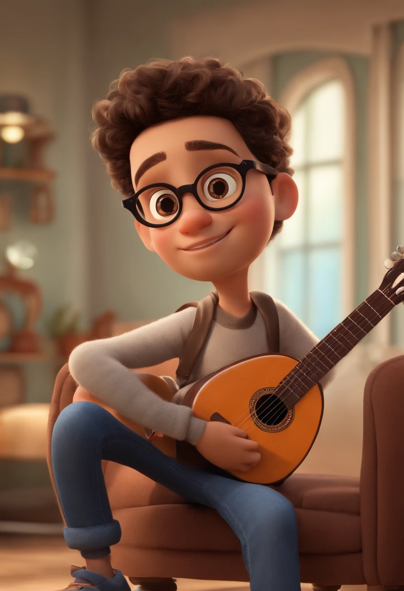 crie um banner no estilo Pixar. A boy with oval head intellectual feature with low hair, brown eyes and round glasses and goatee , moreno pardo com cabelos curtos, Castanhos escuros, Curly and slightly grayish appearance, mas jovem, usando uma camiseta, Wearing jeans and holding a classical guitar with 7 strings.
