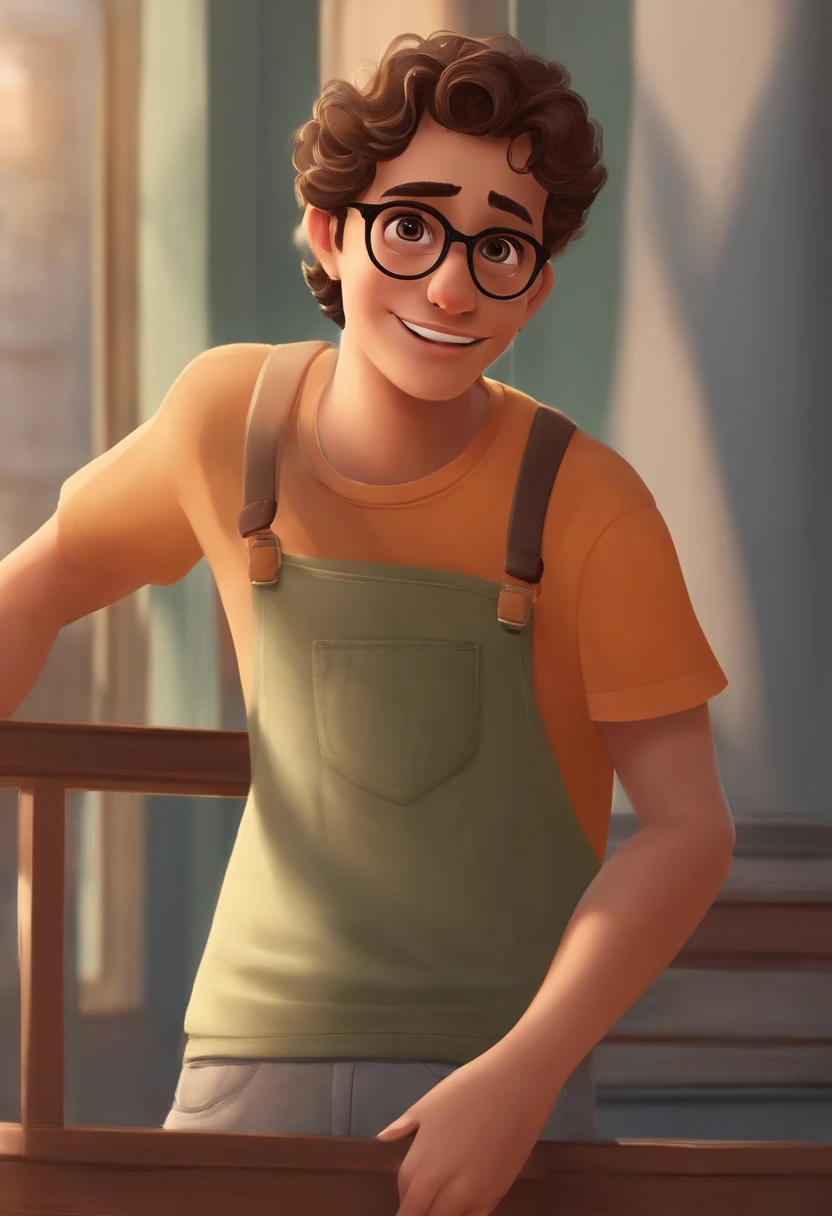 crie um banner no estilo Pixar. A boy with oval head intellectual feature with low hair, brown eyes and round glasses and goatee , moreno pardo com cabelos curtos, Castanhos escuros, Curly and slightly grayish appearance, mas jovem, usando uma camiseta, Wearing jeans and holding a classical guitar with 7 strings.