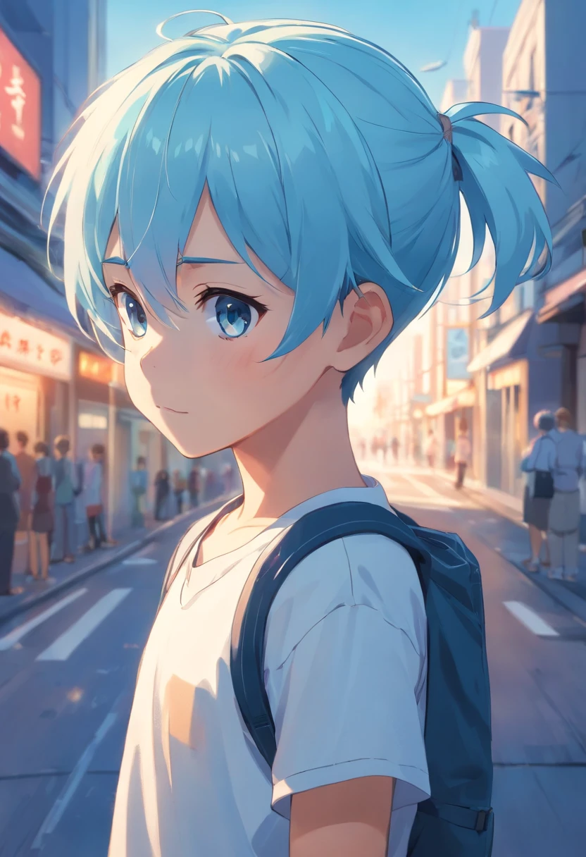 A  with light blue hair, a forehead sticking out, and a short ponytail tied behind his back