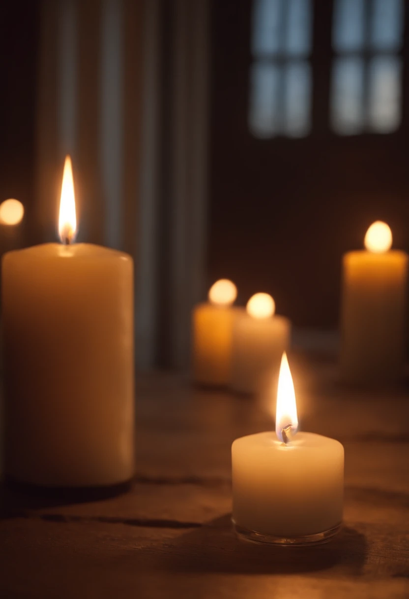 Genera un immagine suggestiva con candele e camino acceso sullo sfondo.