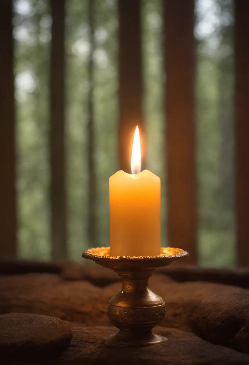Genera un immagine suggestiva con candele e camino acceso sullo sfondo.